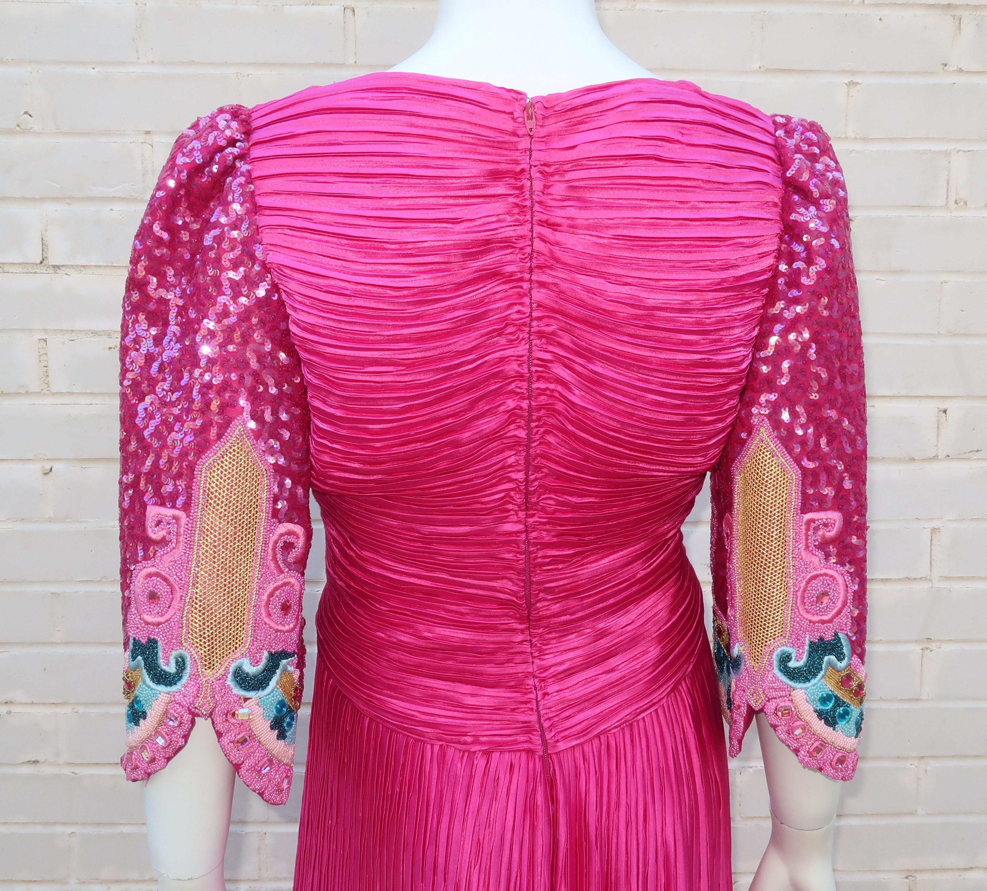 Richilene Fuchsia Micro Pleat Beaded Evening Dress, 1980’s 6