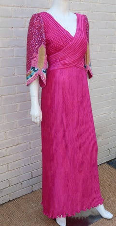 Richilene Fuchsia Micro Pleat Beaded Evening Dress, 1980’s