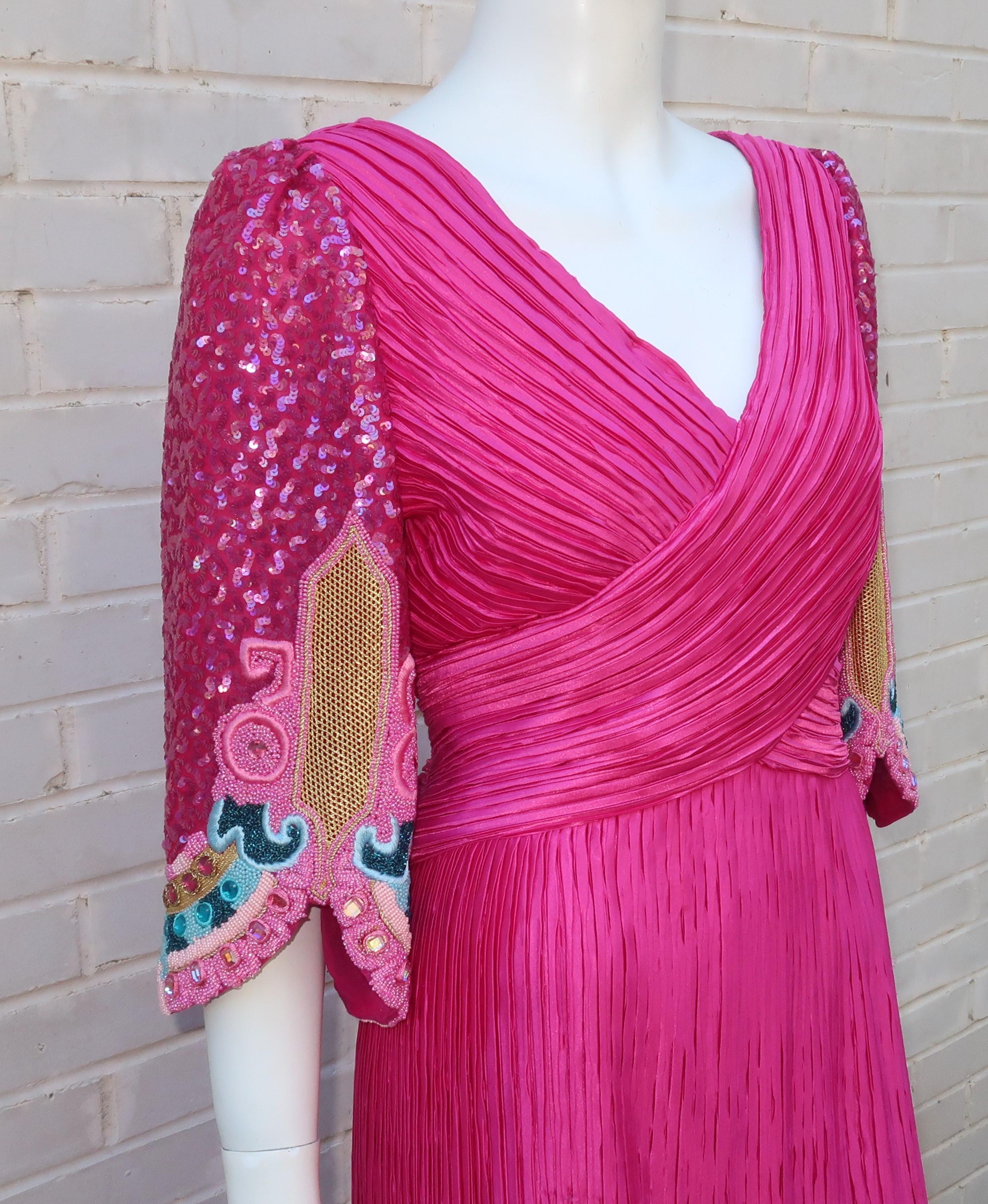 Pink Richilene Fuchsia Micro Pleat Beaded Evening Dress, 1980’s
