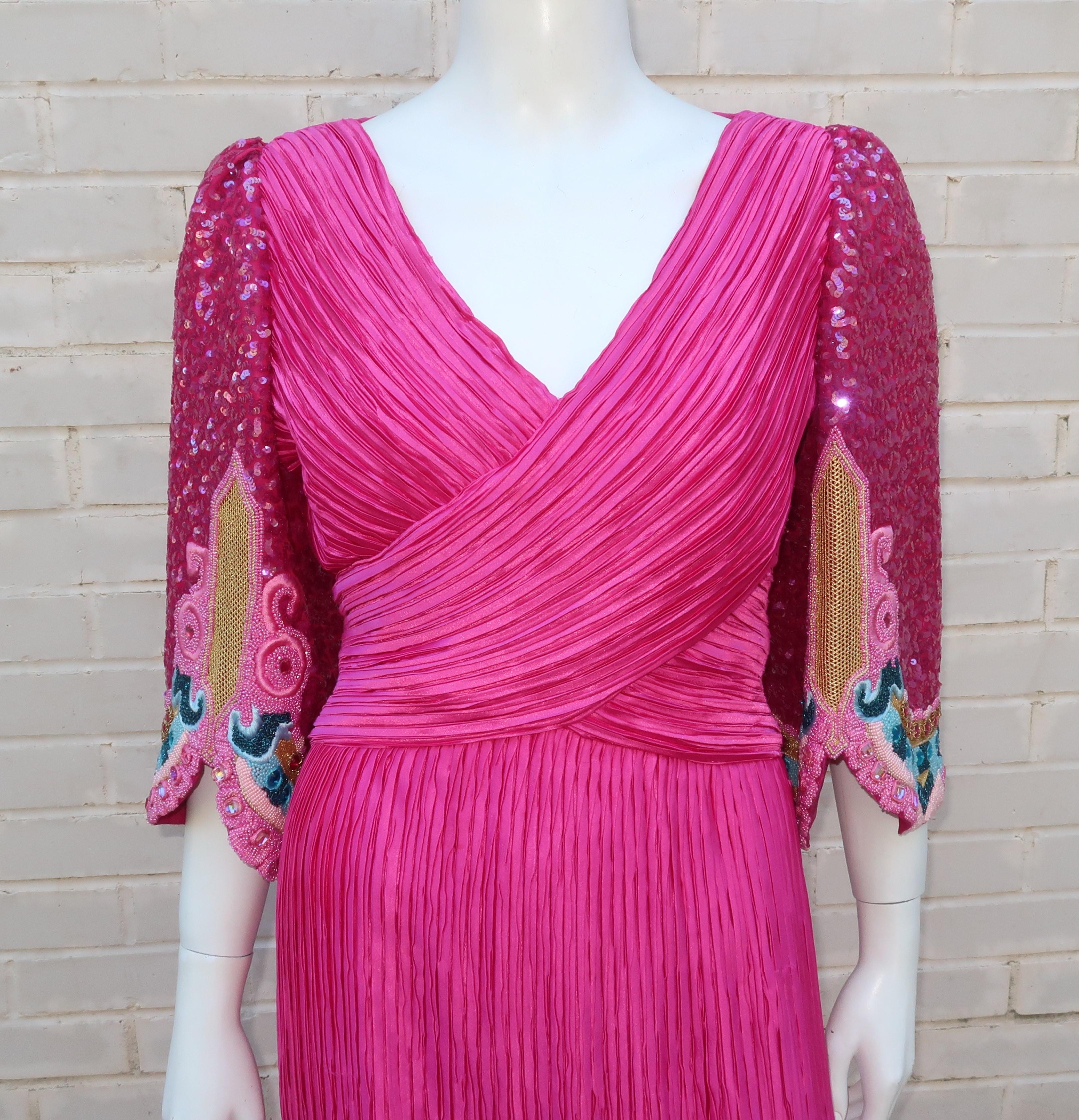 Richilene Fuchsia Micro Pleat Beaded Evening Dress, 1980’s In Fair Condition In Atlanta, GA
