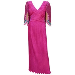 Retro Richilene Fuchsia Micro Pleat Beaded Evening Dress, 1980’s