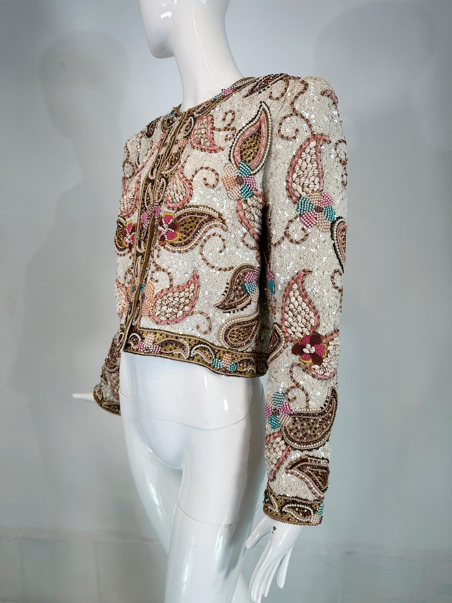 Brown Richilene Heavily Beaded Evening Jacket with Sea Shells Beads Sequins