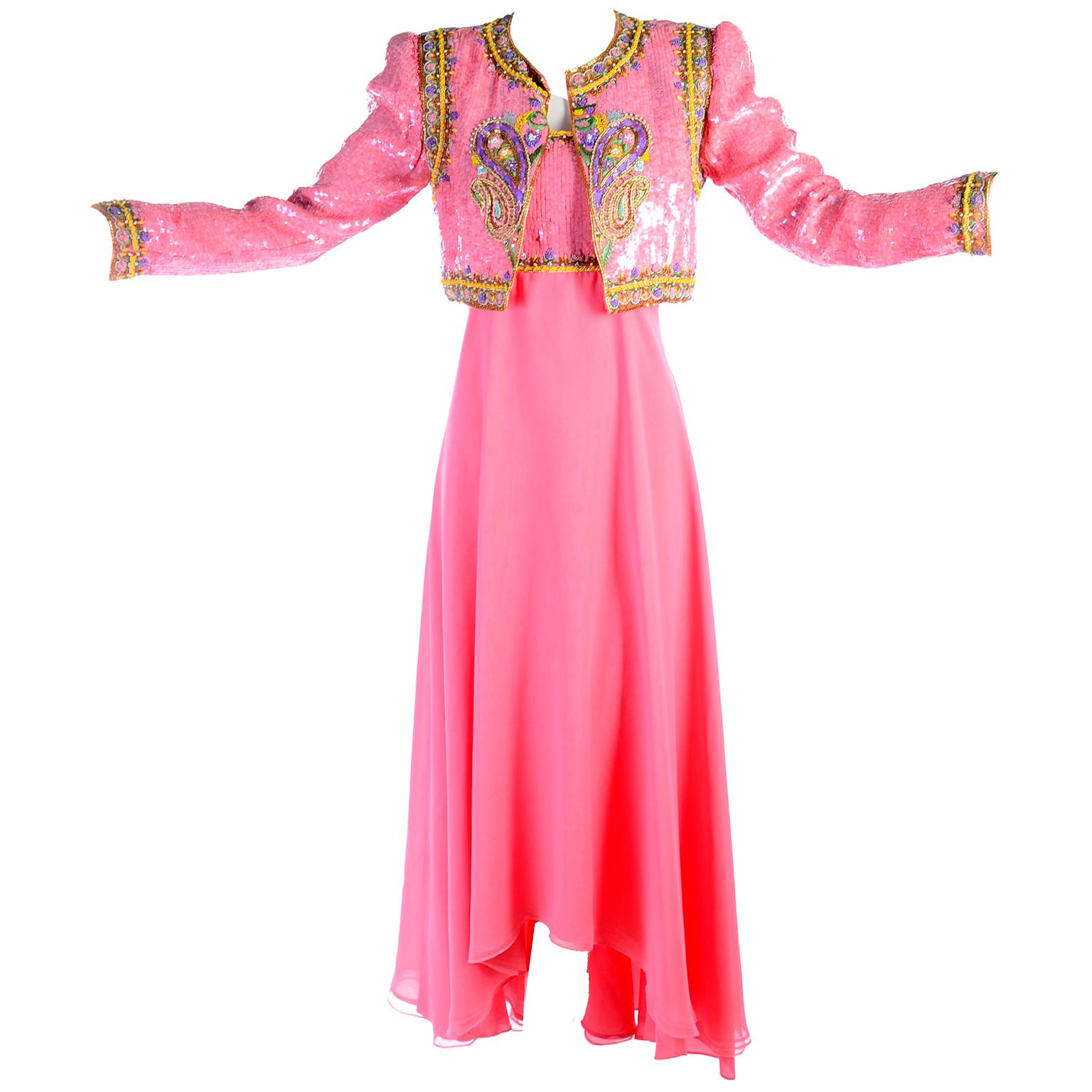 Richilene Pink Chiffon Vintage Dress w/ Beaded Sequined Bodice & Cropped Jacket 5
