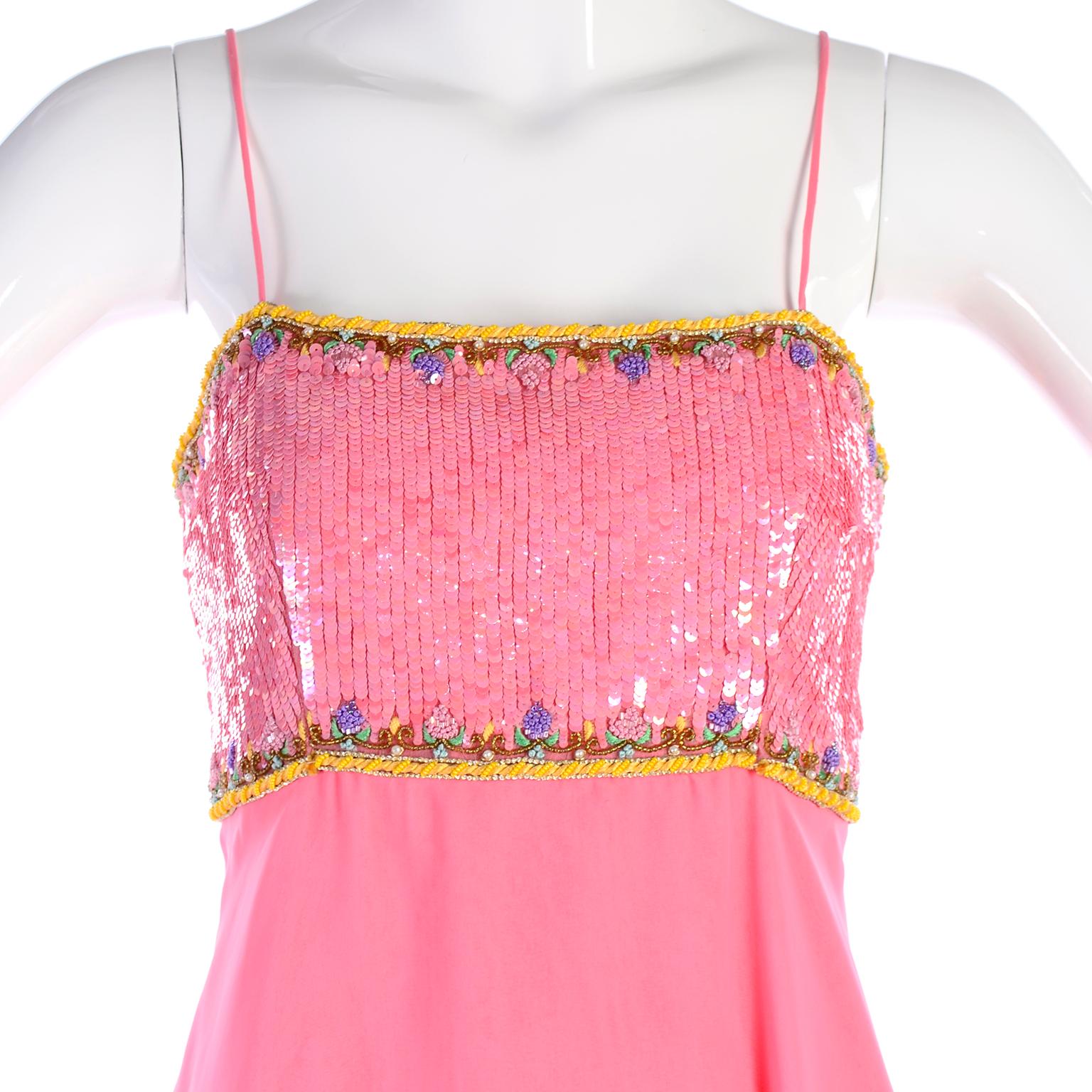 Richilene Pink Chiffon Vintage Dress w/ Beaded Sequined Bodice & Cropped Jacket 7