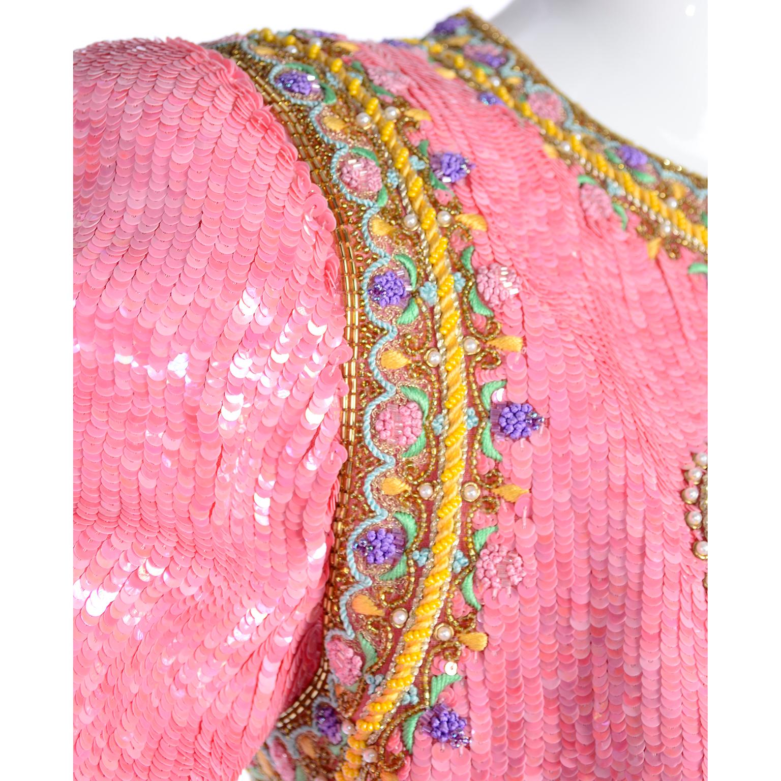 Women's Richilene Pink Chiffon Vintage Dress w/ Beaded Sequined Bodice & Cropped Jacket