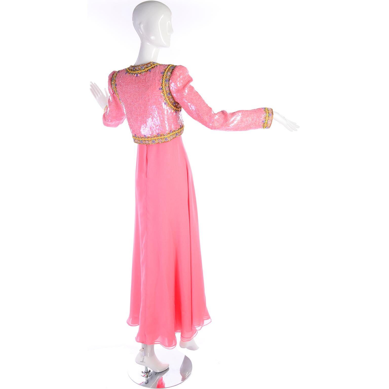 Richilene Pink Chiffon Vintage Dress w/ Beaded Sequined Bodice & Cropped Jacket 1