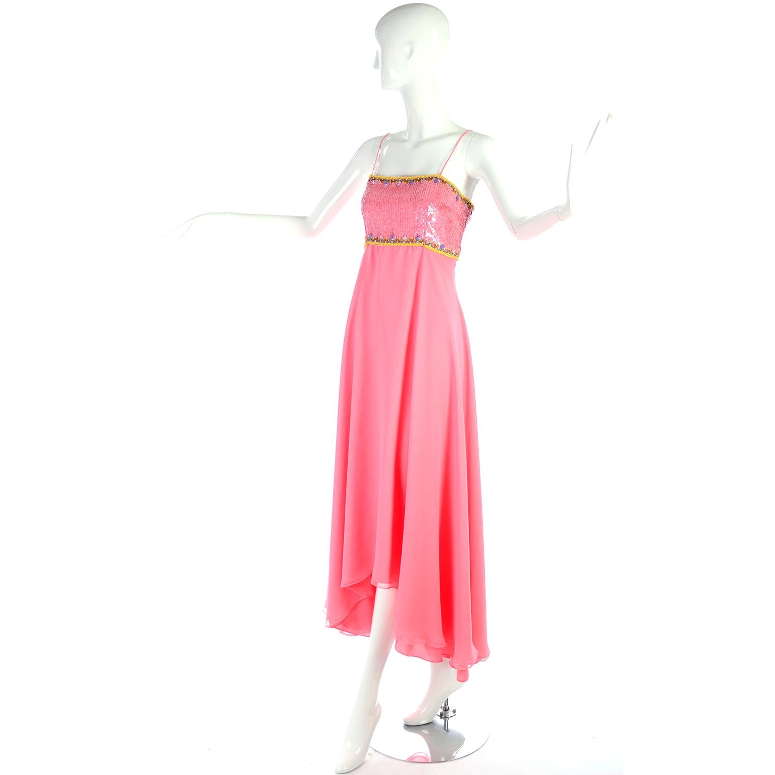 Richilene Pink Chiffon Vintage Dress w/ Beaded Sequined Bodice & Cropped Jacket 2