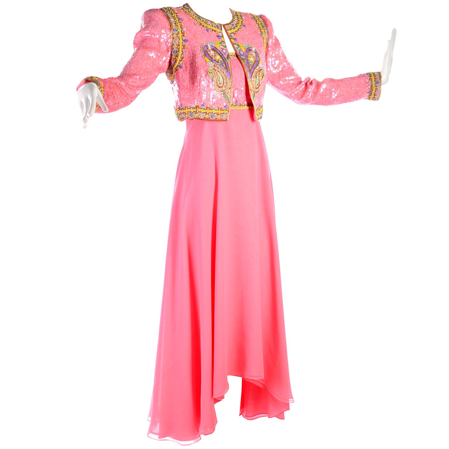 Richilene Pink Chiffon Vintage Dress w/ Beaded Sequined Bodice & Cropped Jacket