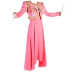 Richilene - Robe vintage en mousseline rose avec corsage perlé et pailleté & - Veste courte