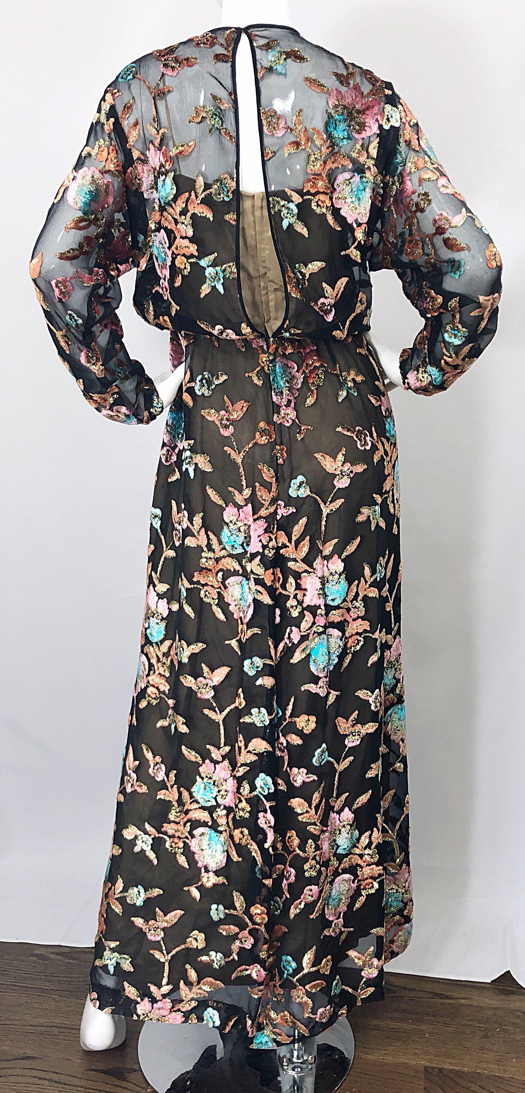 Vintage Richilene Size 12 / 14 Silk Chiffon Cut Velvet Long Sleeve Evening Gown For Sale 3