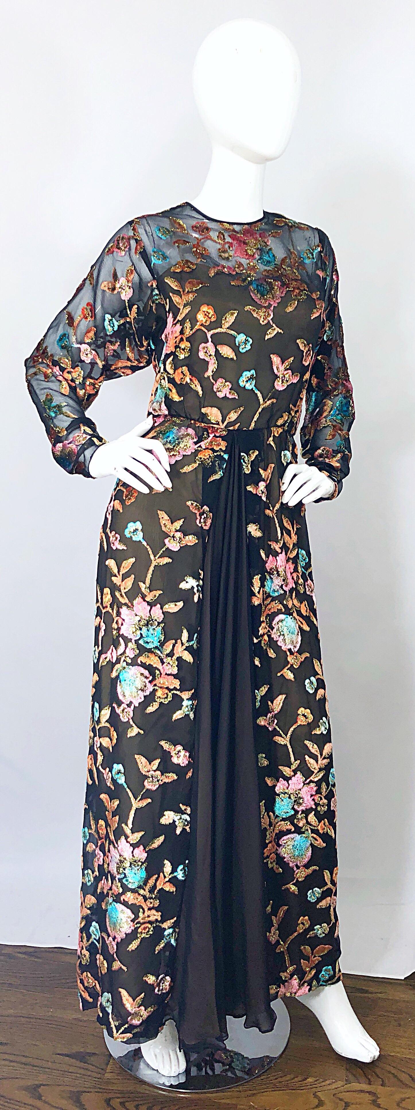 Vintage Richilene Size 12 / 14 Silk Chiffon Cut Velvet Long Sleeve Evening Gown For Sale 4