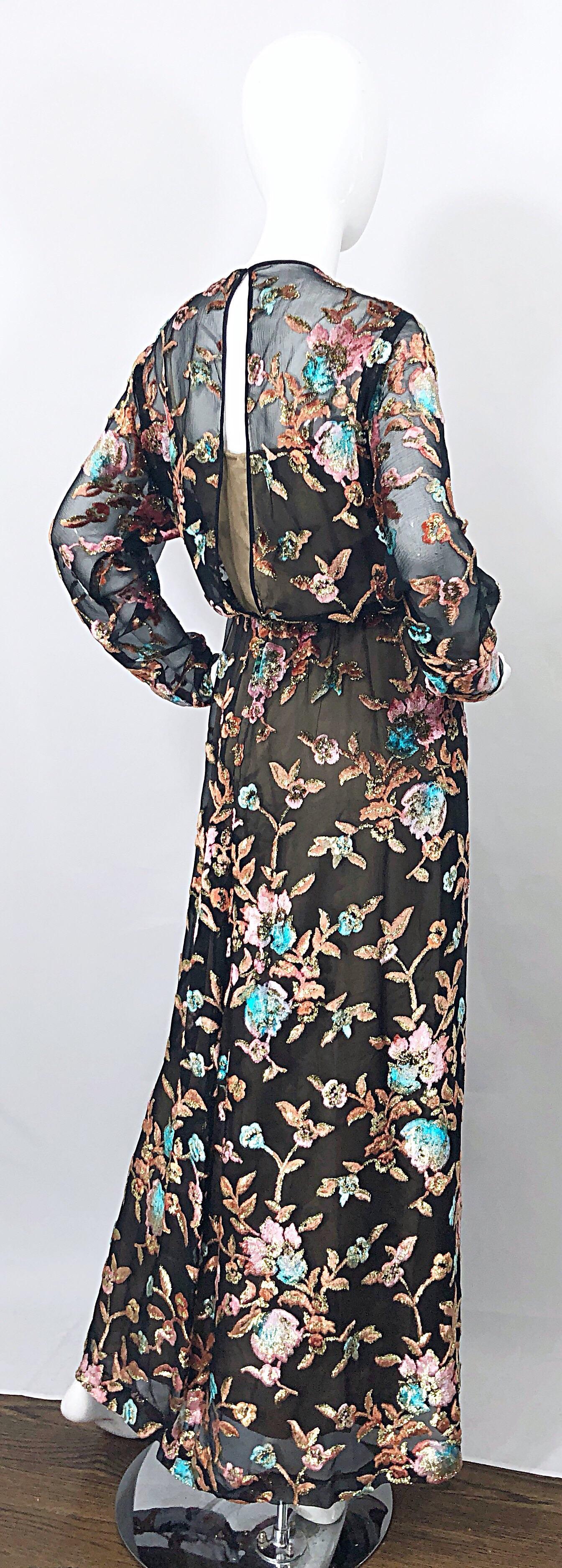 Vintage Richilene Size 12 / 14 Silk Chiffon Cut Velvet Long Sleeve Evening Gown For Sale 5