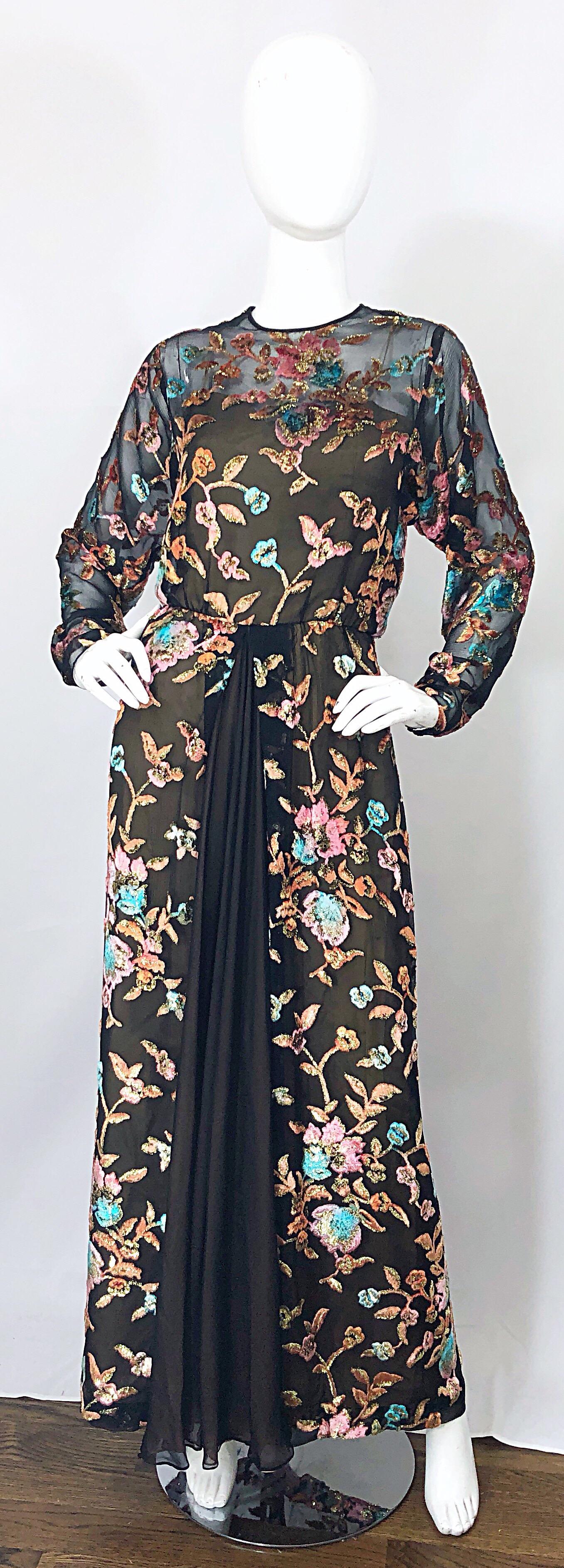 Vintage Richilene Size 12 / 14 Silk Chiffon Cut Velvet Long Sleeve Evening Gown For Sale 6