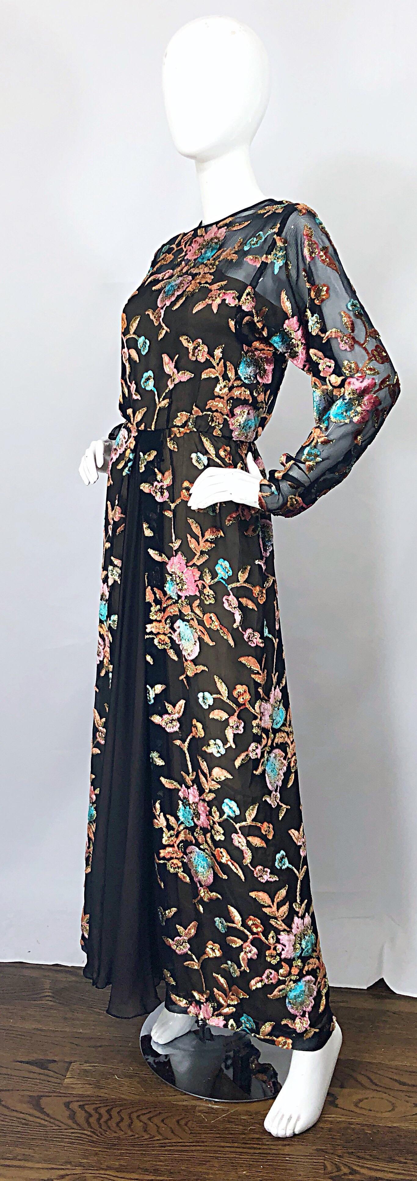 Richilene - Robe de soirée vintage à manches longues en mousseline de soie et velours coupé, taille 12 / 14 Pour femmes en vente