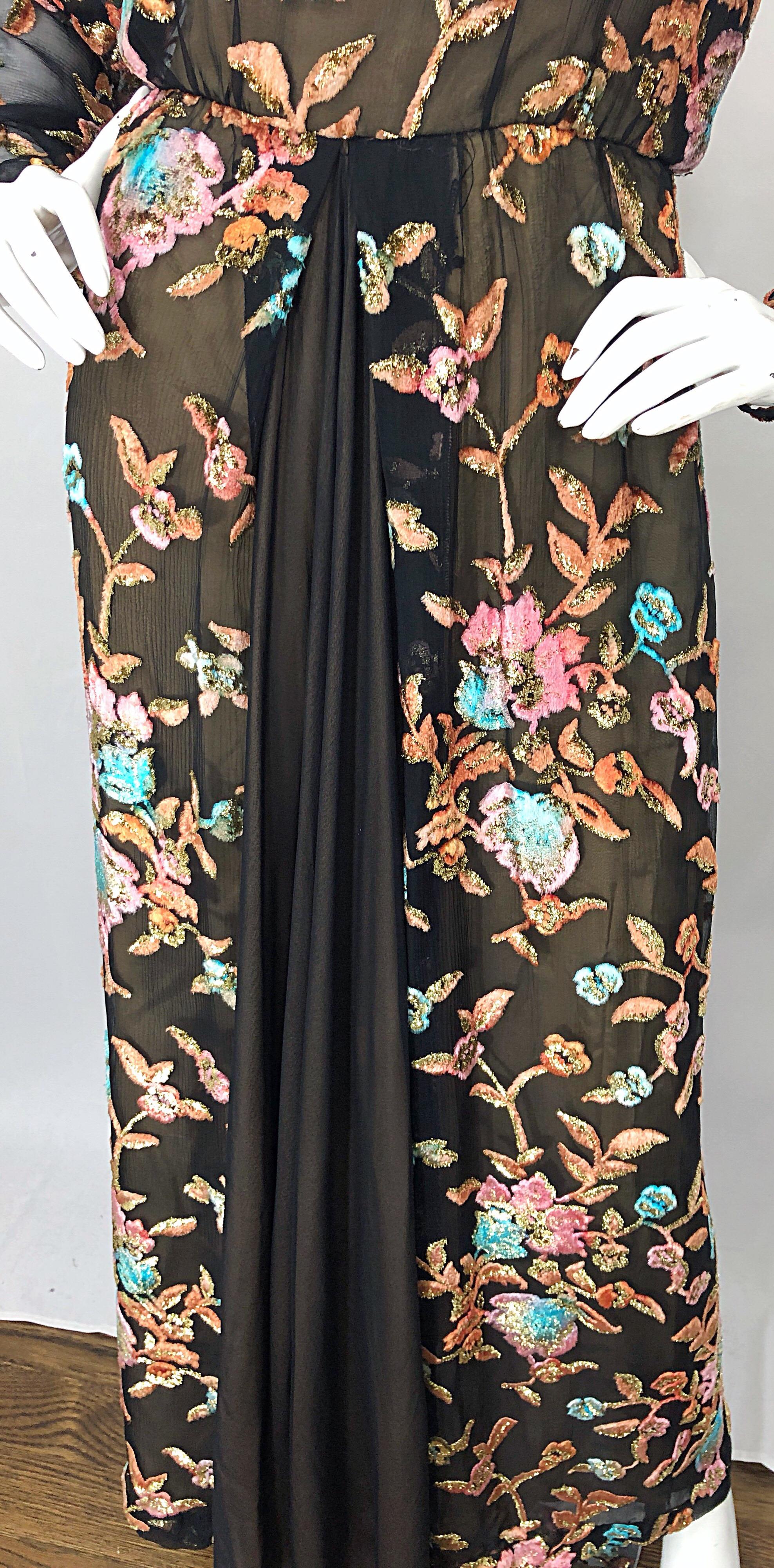 Black Vintage Richilene Size 12 / 14 Silk Chiffon Cut Velvet Long Sleeve Evening Gown For Sale