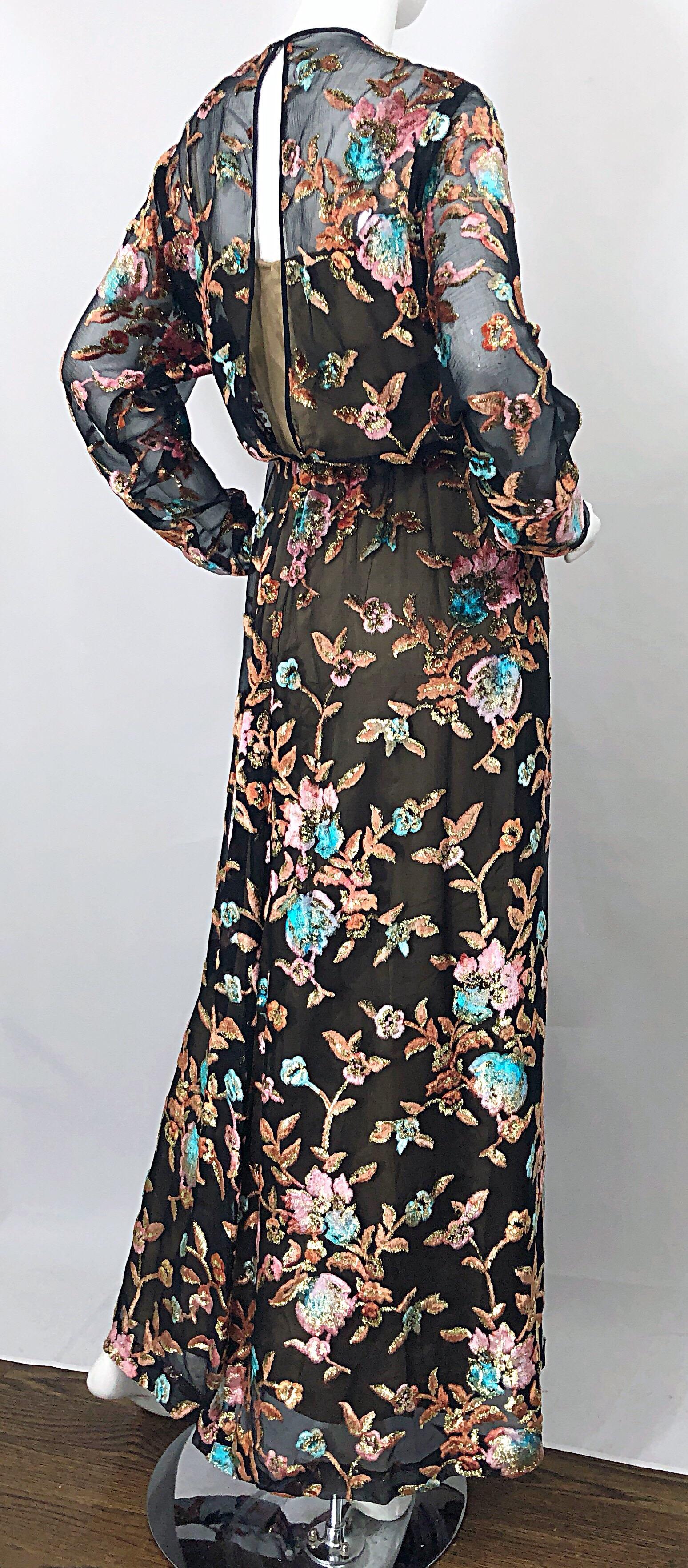 Vintage Richilene Size 12 / 14 Silk Chiffon Cut Velvet Long Sleeve Evening Gown In Excellent Condition For Sale In San Diego, CA