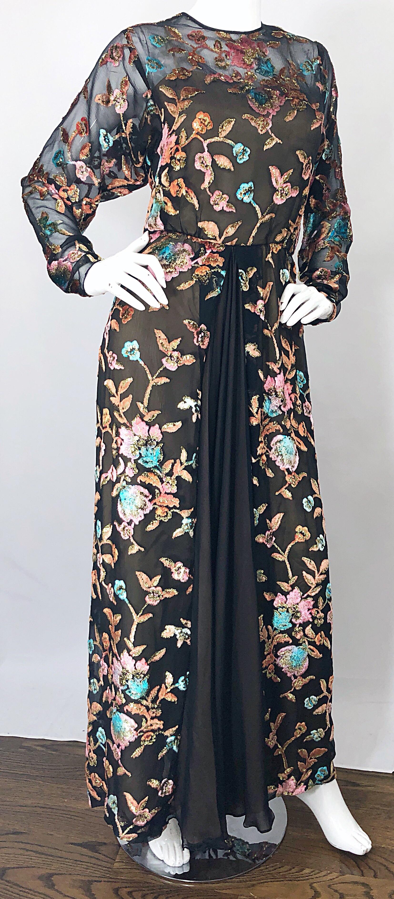 Richilene - Robe de soirée vintage à manches longues en mousseline de soie et velours coupé, taille 12 / 14 en vente 3