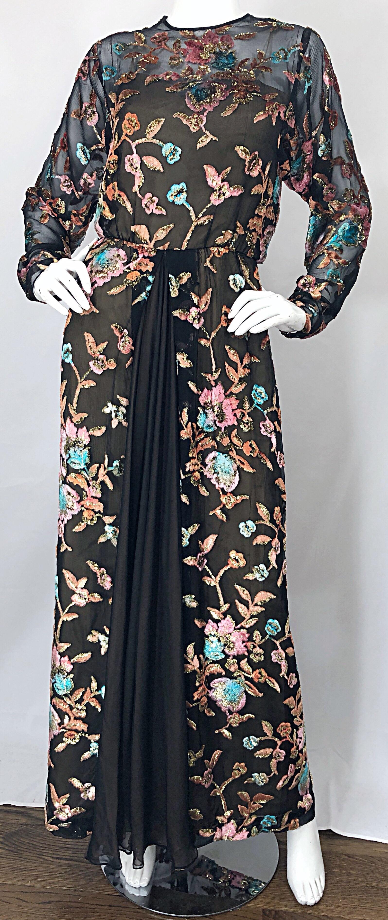 Vintage Richilene Size 12 / 14 Silk Chiffon Cut Velvet Long Sleeve Evening Gown For Sale 1