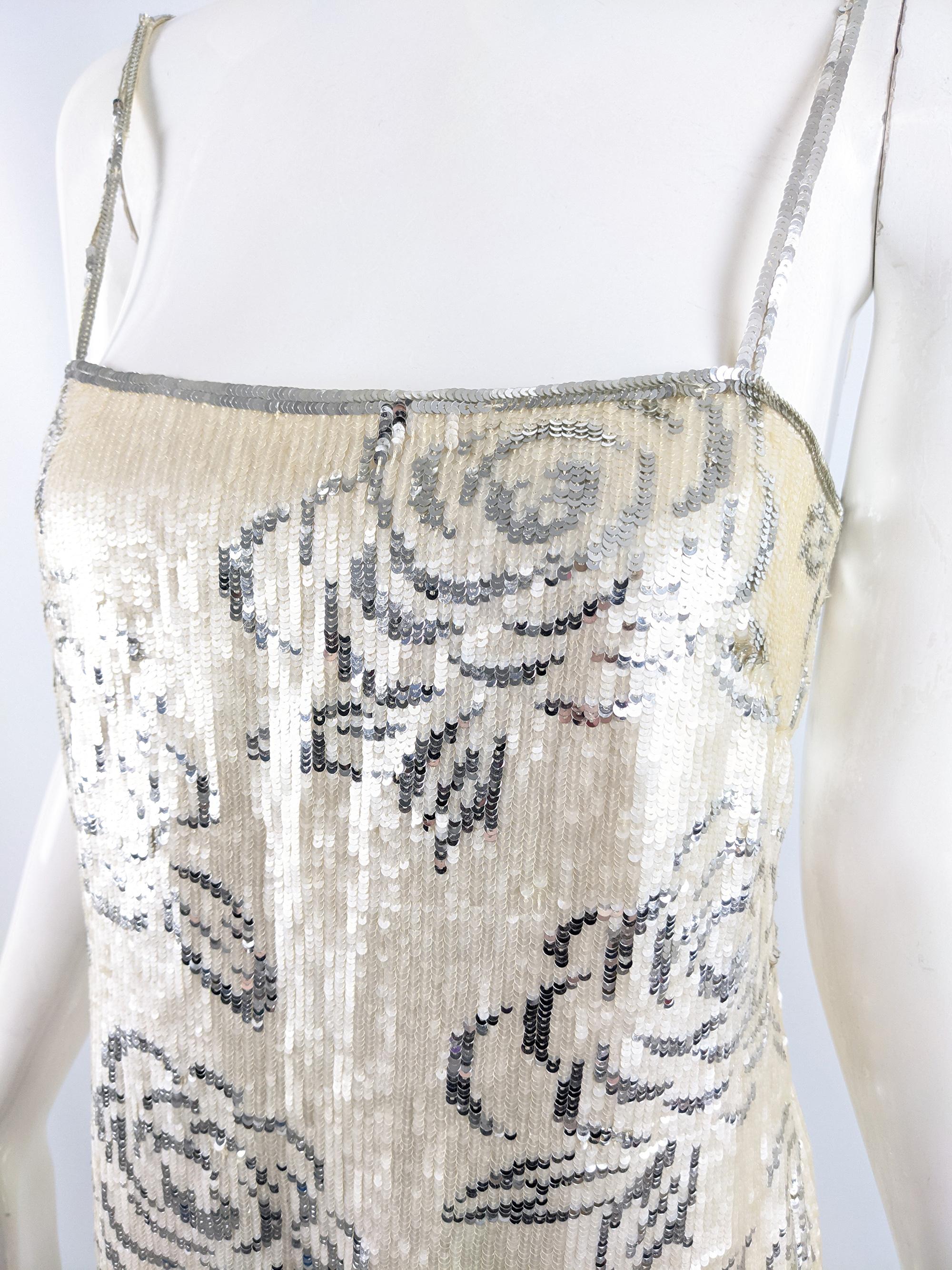 Richilene Vintage 80s Cream & Silver Floral Sequin Sleeveless Party Dress, 1980s In Good Condition In Doncaster, South Yorkshire