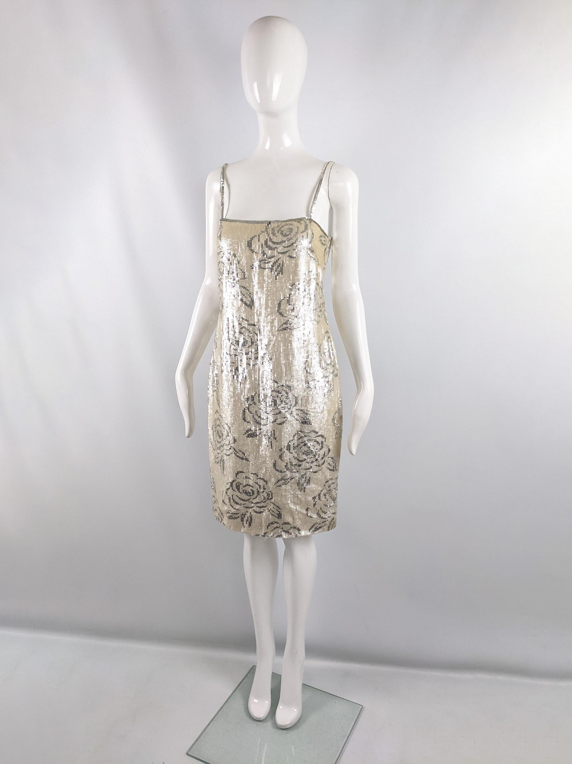 Women's Richilene Vintage 80s Cream & Silver Floral Sequin Sleeveless Party Dress, 1980s