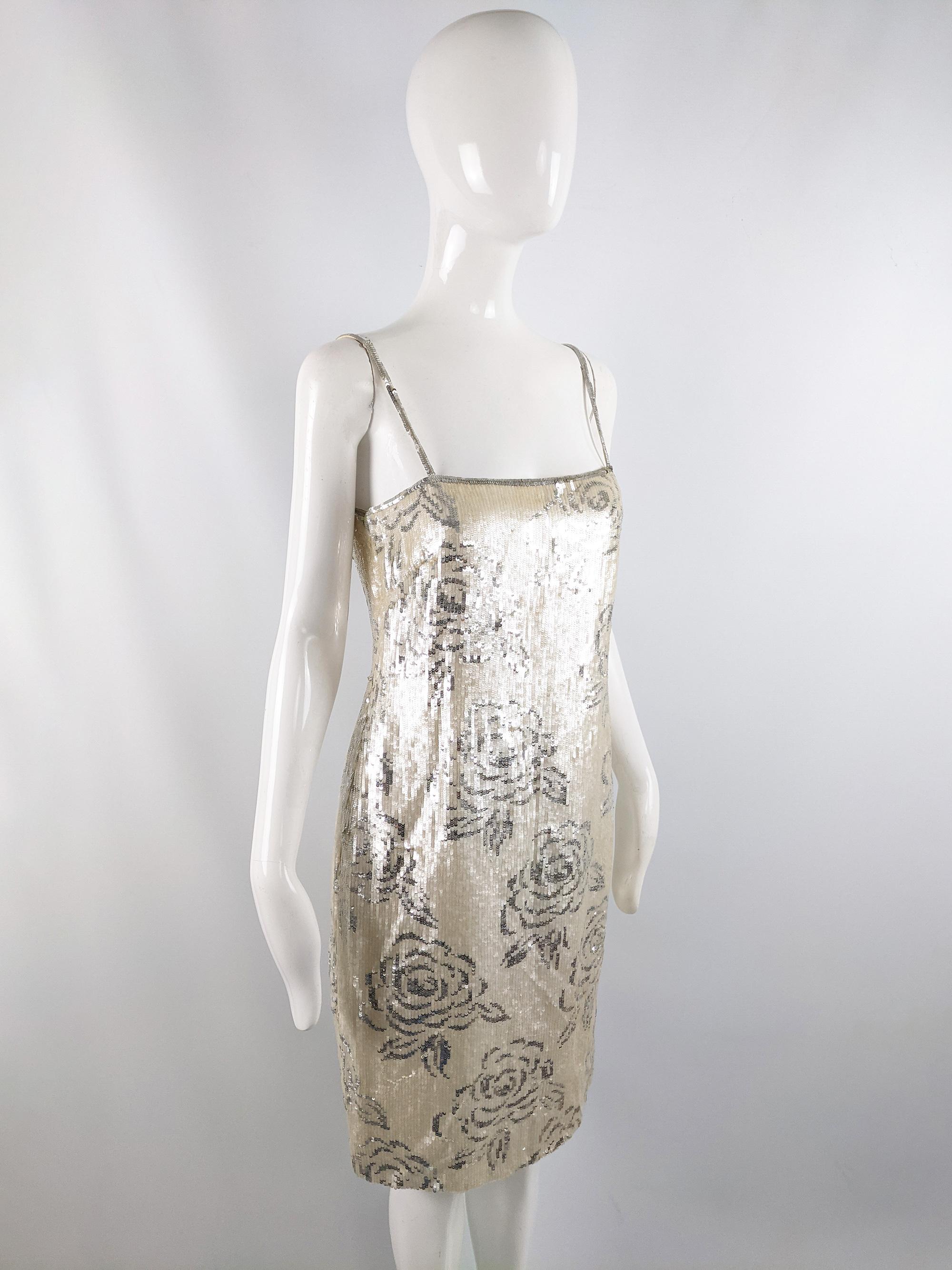 Richilene Vintage 80s Cream & Silver Floral Sequin Sleeveless Party Dress, 1980s 2