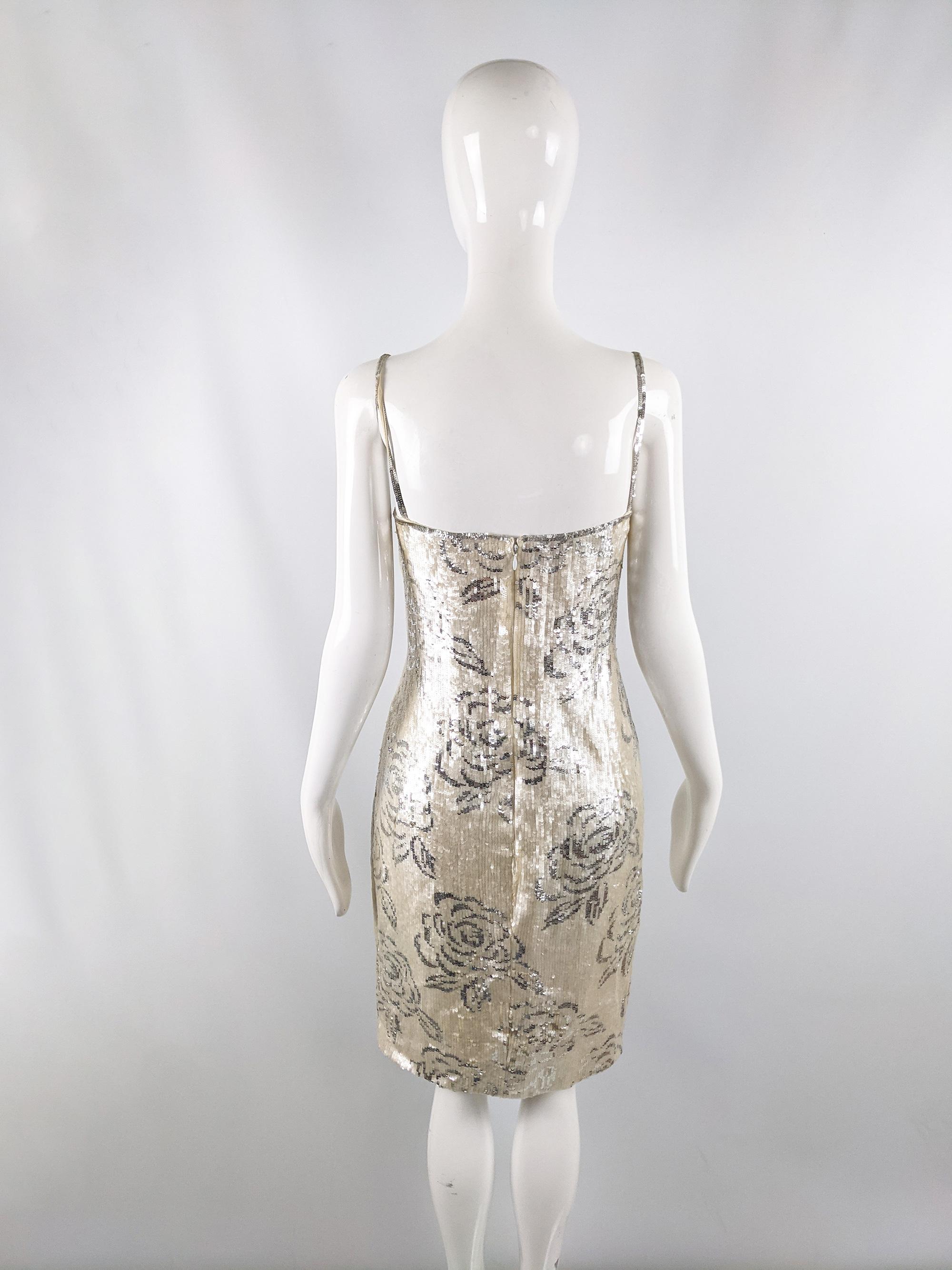 Richilene Vintage 80s Cream & Silver Floral Sequin Sleeveless Party Dress, 1980s 3