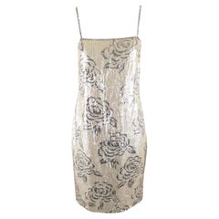 Richilene Retro 80s Cream & Silver Floral Sequin Sleeveless Party Dress, 1980s