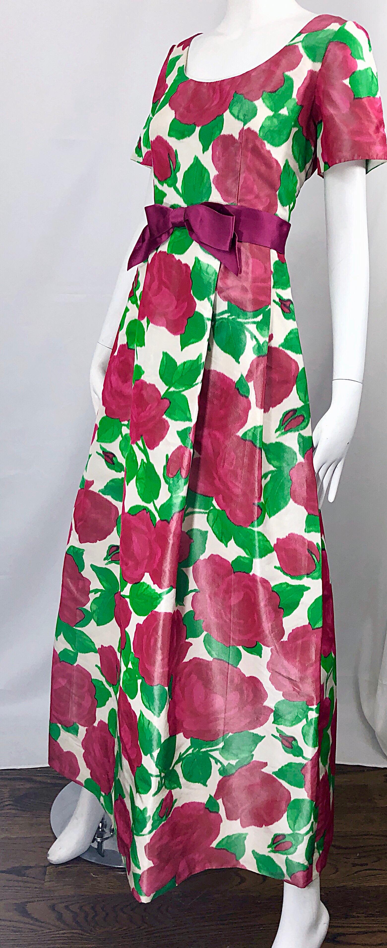 1970s Richilene Silk Taffeta Rose Print Short Sleeve Vintage 70s Couture Gown For Sale 2