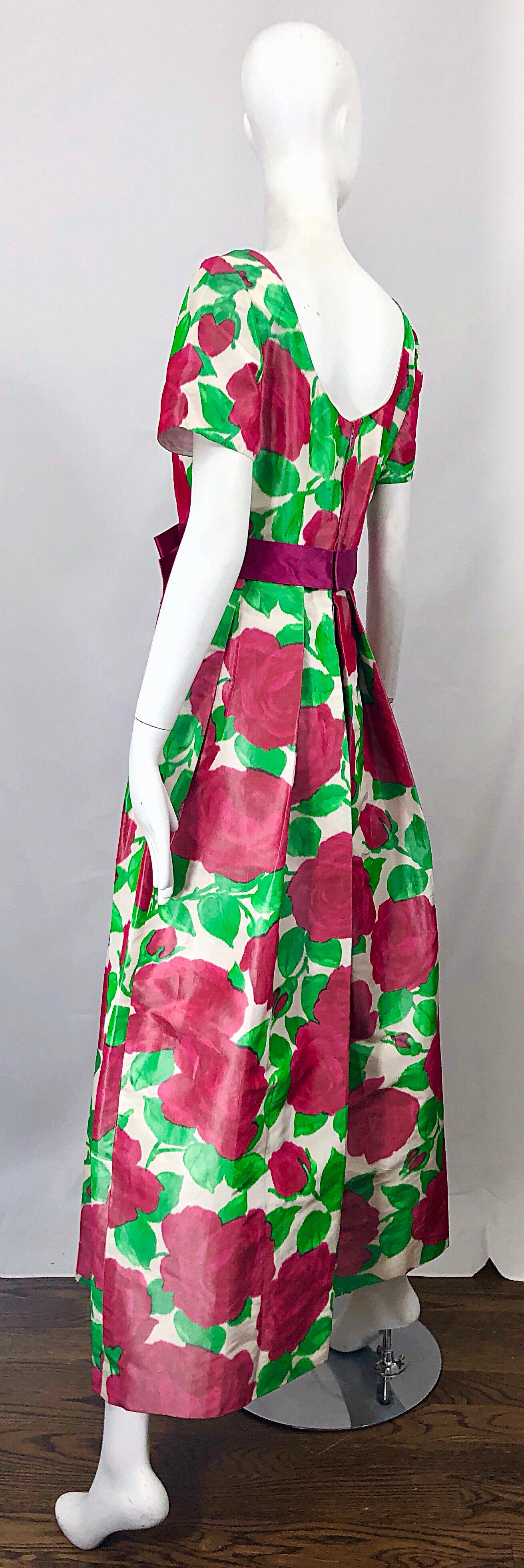 1970s Richilene Silk Taffeta Rose Print Short Sleeve Vintage 70s Couture Gown For Sale 3