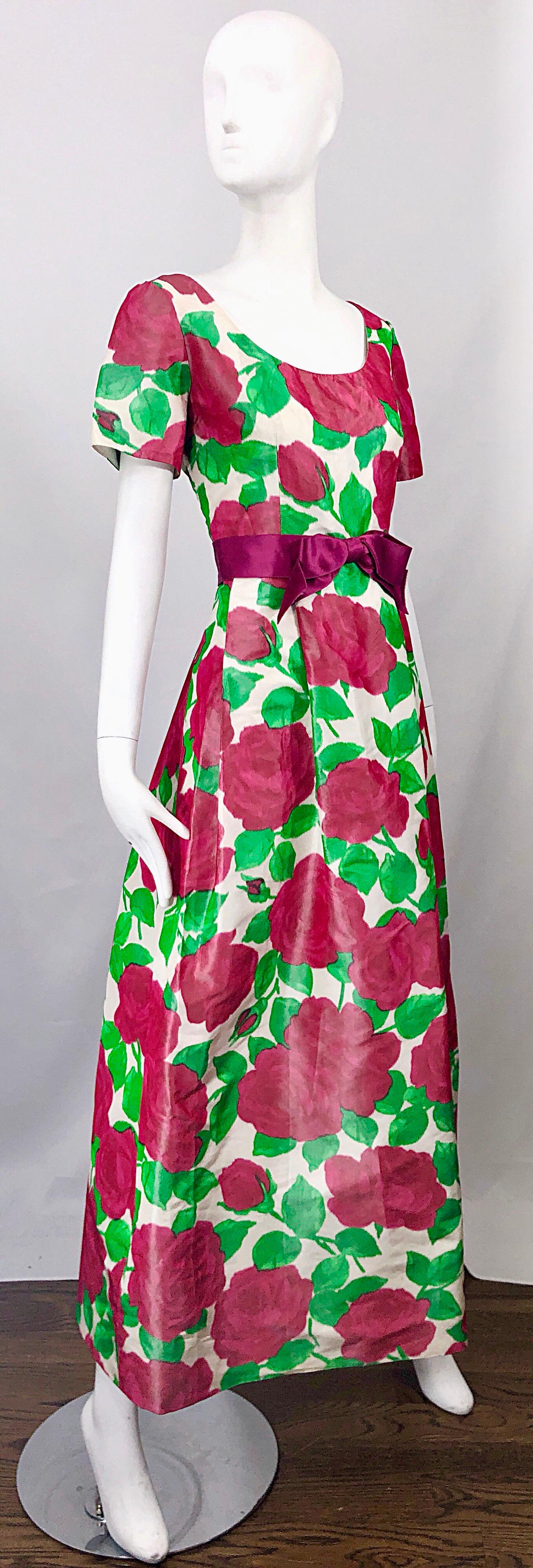 1970s Richilene Silk Taffeta Rose Print Short Sleeve Vintage 70s Couture Gown For Sale 4