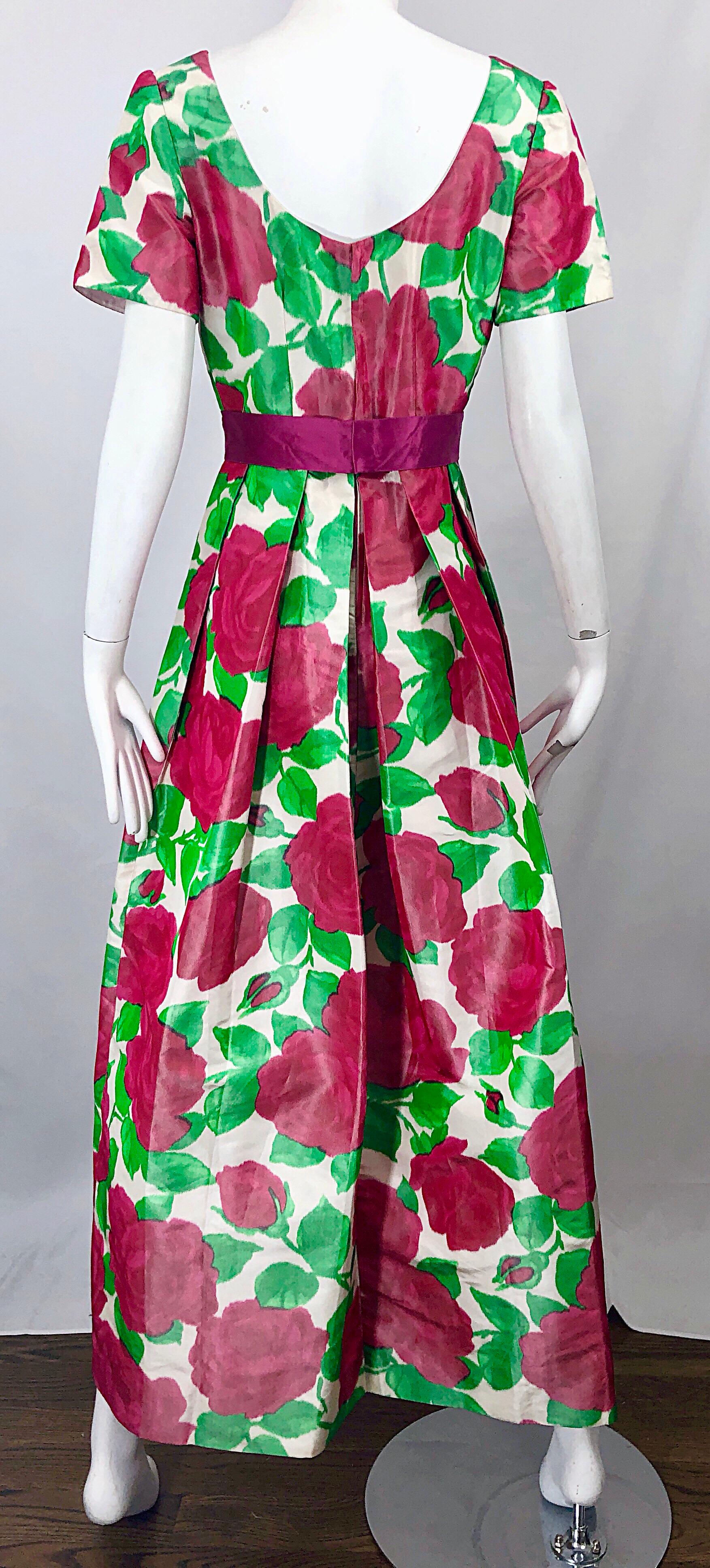 1970s Richilene Silk Taffeta Rose Print Short Sleeve Vintage 70s Couture Gown For Sale 5