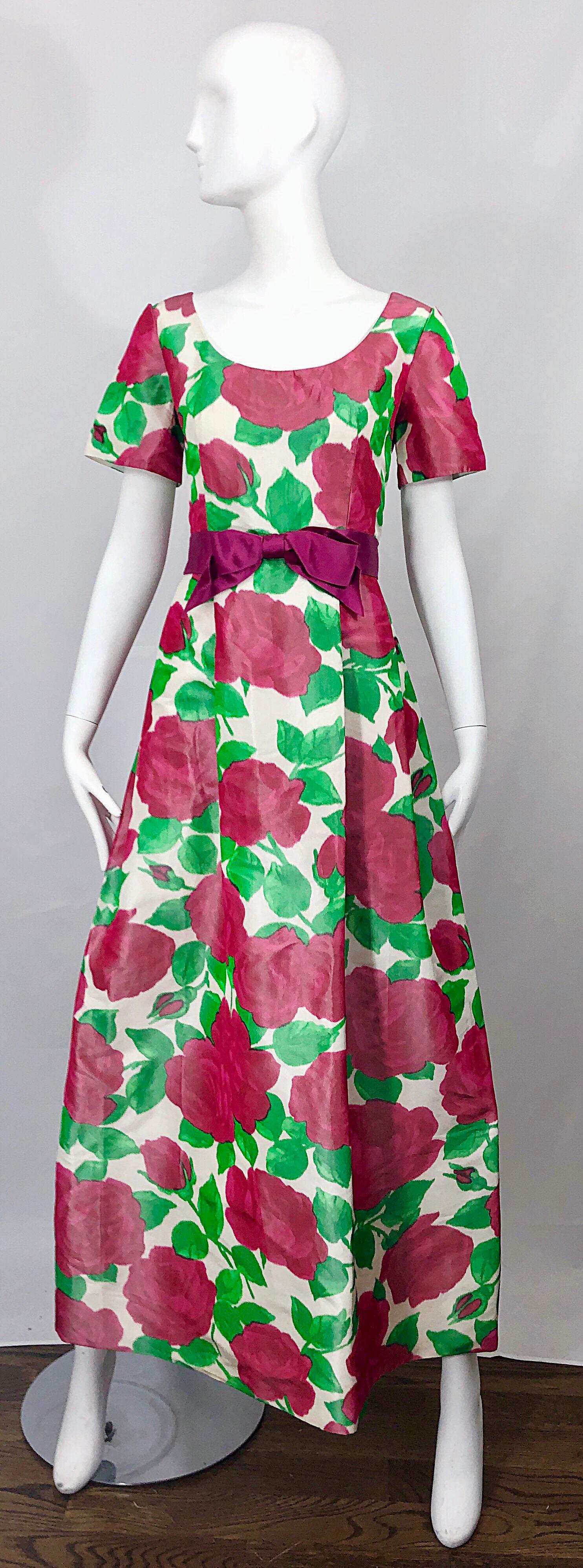 1970s Richilene Silk Taffeta Rose Print Short Sleeve Vintage 70s Couture Gown For Sale 6