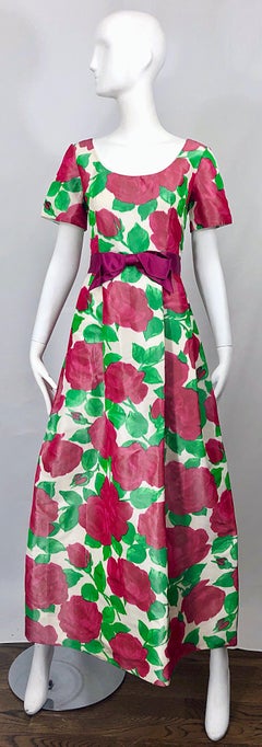 1970s Richilene Silk Taffeta Rose Print Short Sleeve Vintage 70s Couture Gown