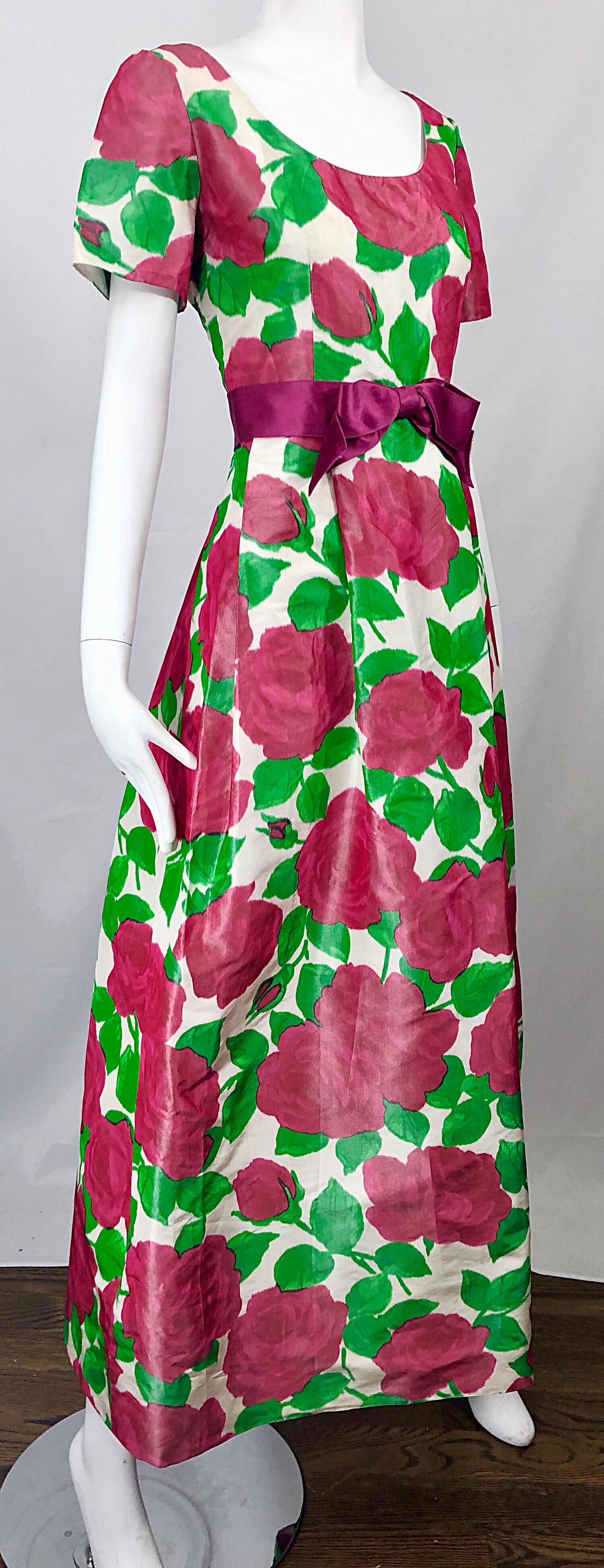 Pink 1970s Richilene Silk Taffeta Rose Print Short Sleeve Vintage 70s Couture Gown For Sale