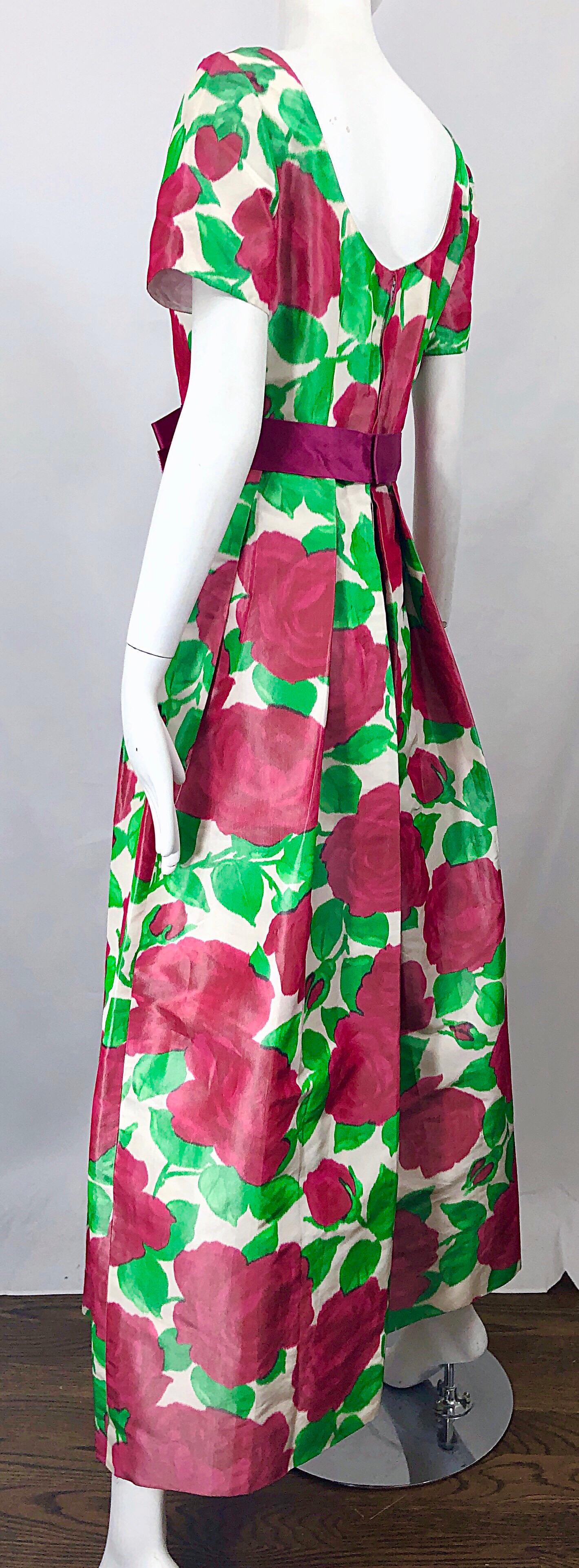 1970s Richilene Silk Taffeta Rose Print Short Sleeve Vintage 70s Couture Gown In Excellent Condition For Sale In San Diego, CA