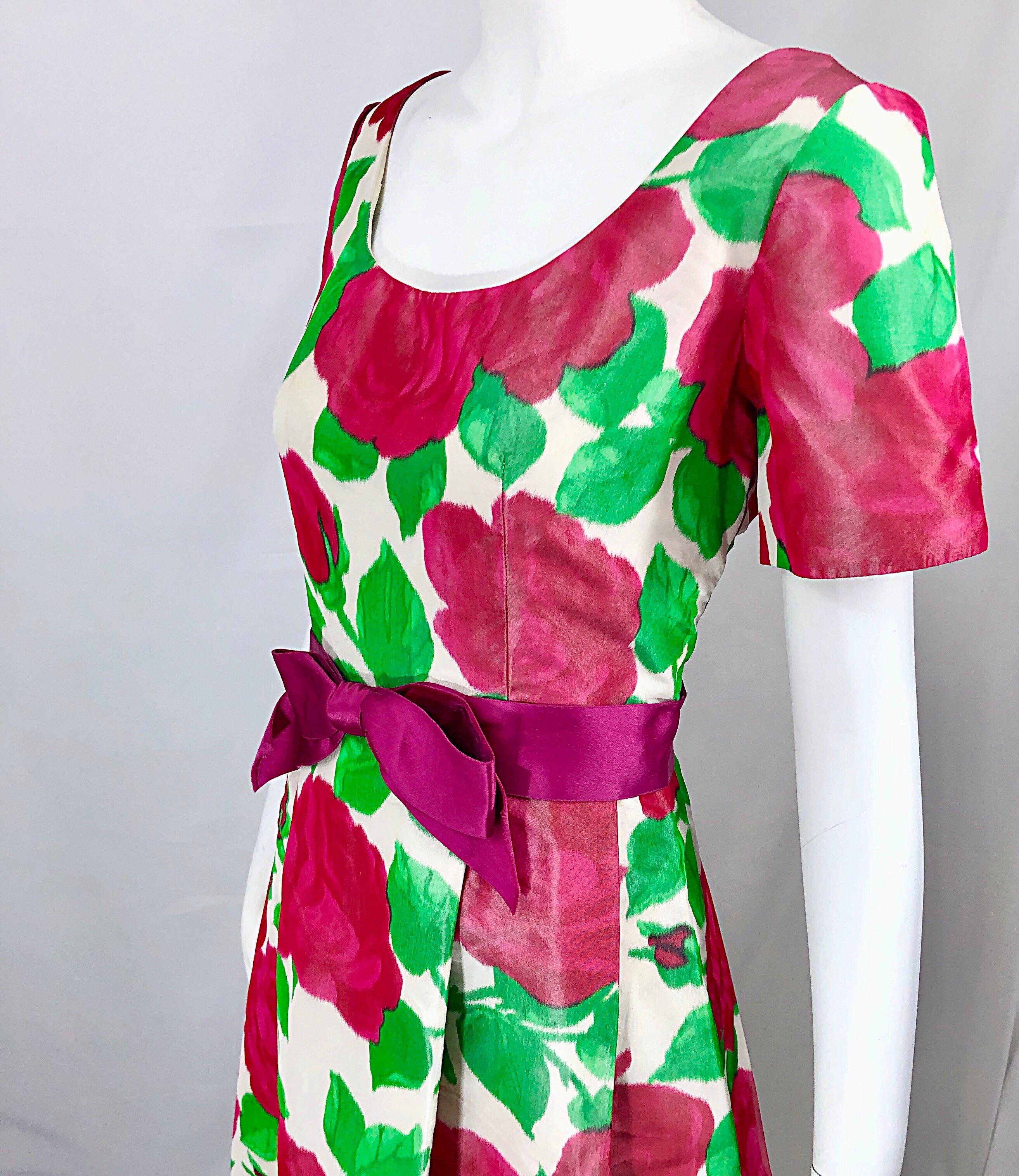 Women's 1970s Richilene Silk Taffeta Rose Print Short Sleeve Vintage 70s Couture Gown For Sale