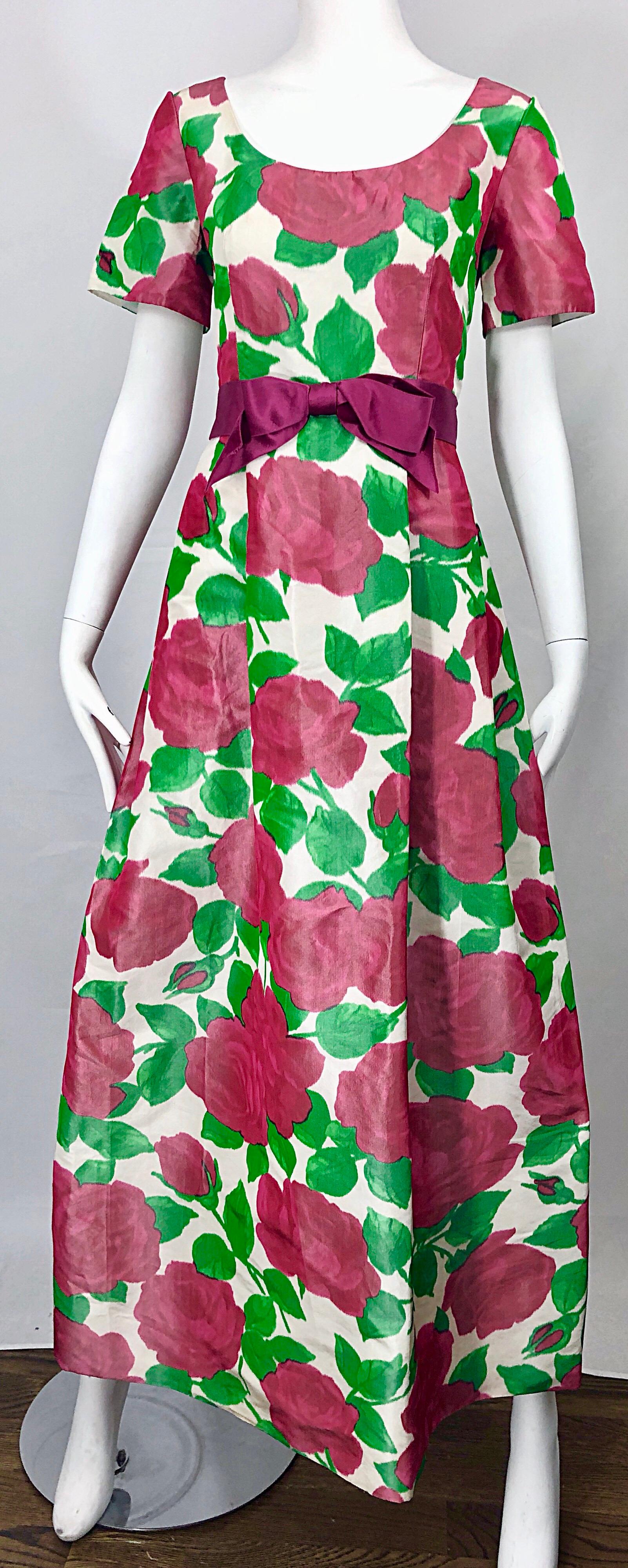 1970s Richilene Silk Taffeta Rose Print Short Sleeve Vintage 70s Couture Gown For Sale 1