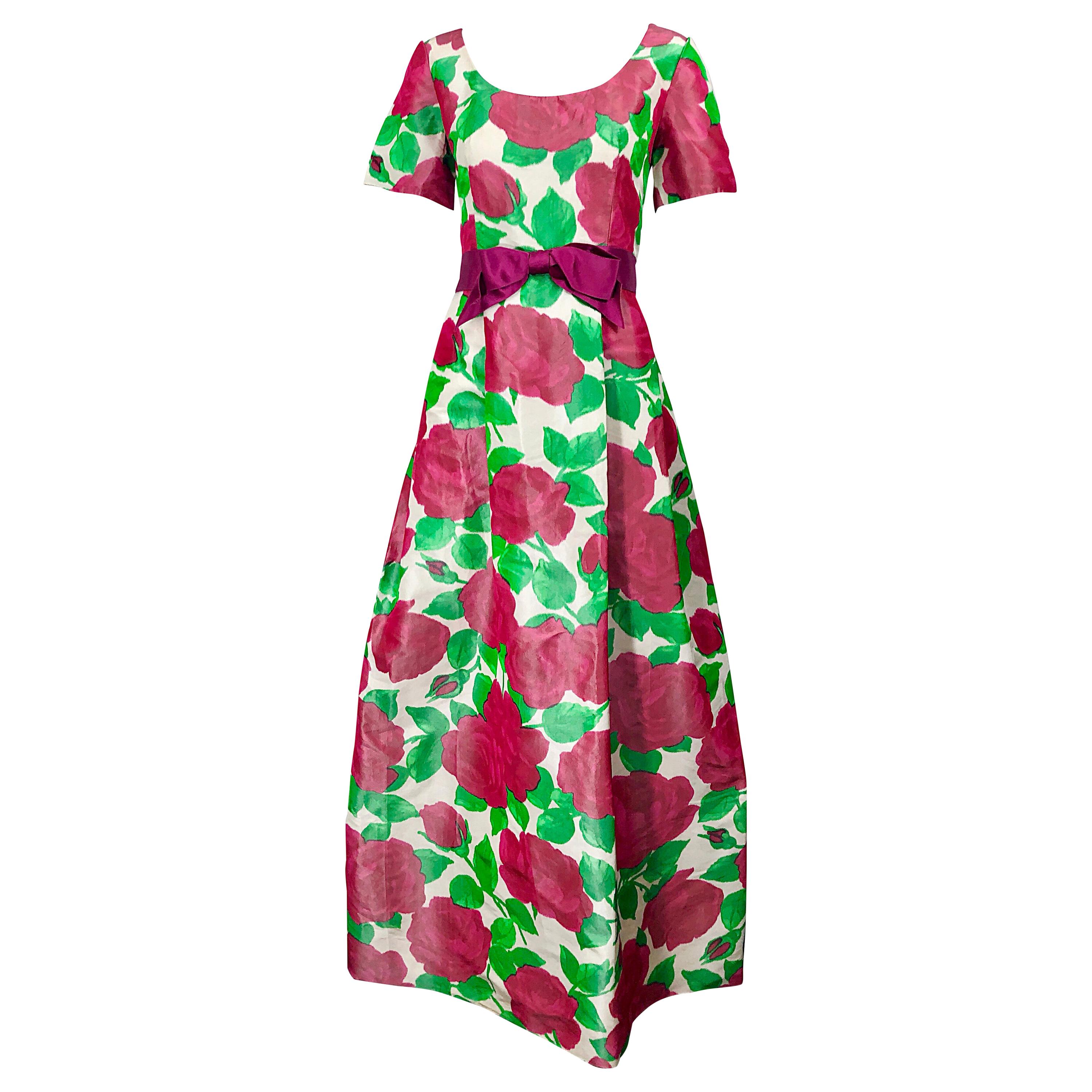 1970s Richilene Silk Taffeta Rose Print Short Sleeve Vintage 70s Couture Gown For Sale
