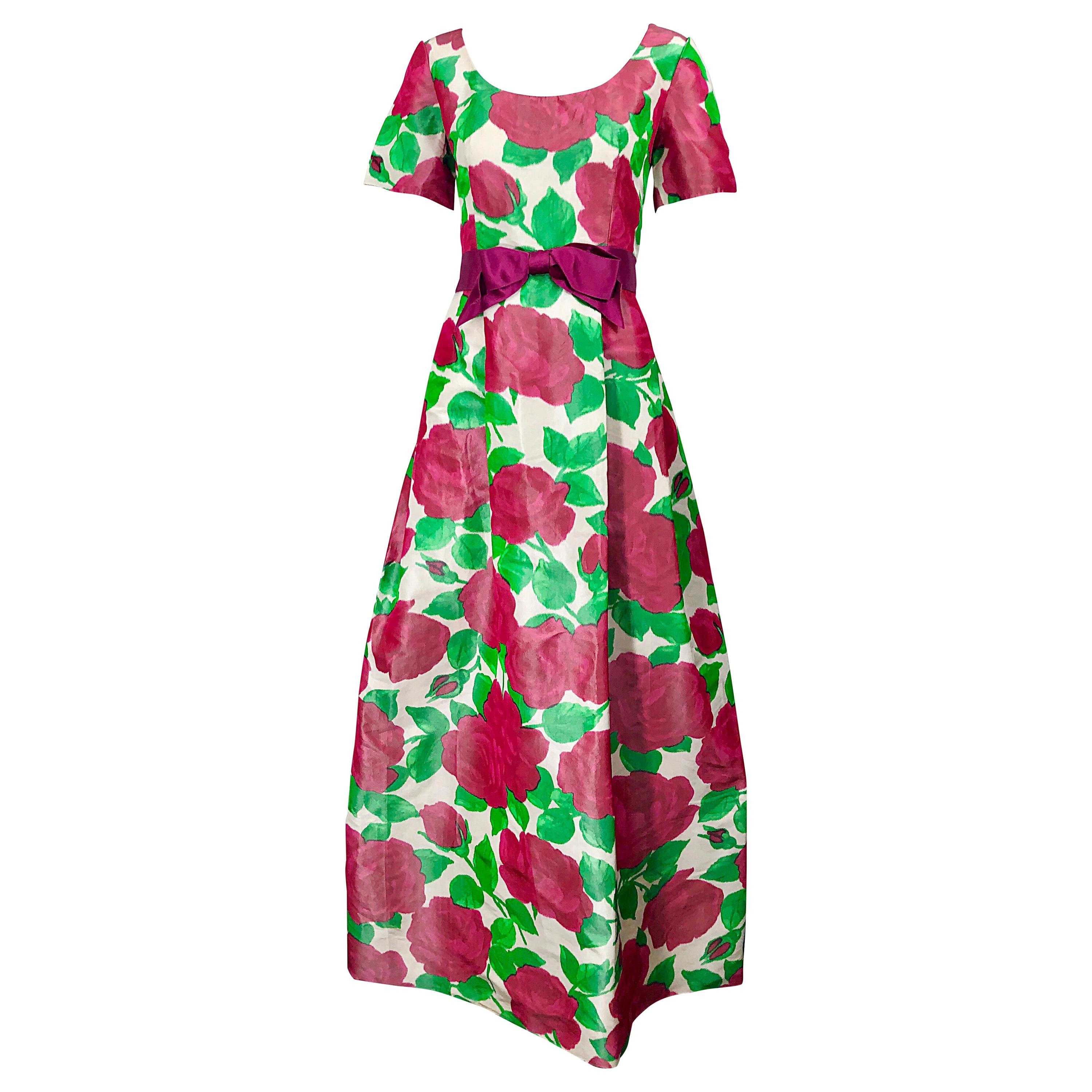 1970s Richilene Silk Taffeta Rose Print Short Sleeve Vintage 70s Couture Gown in vendita