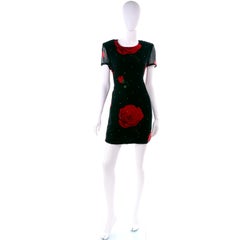 Richilene Vintage Black Silk Dress W/ Red Roses & Rhinestones