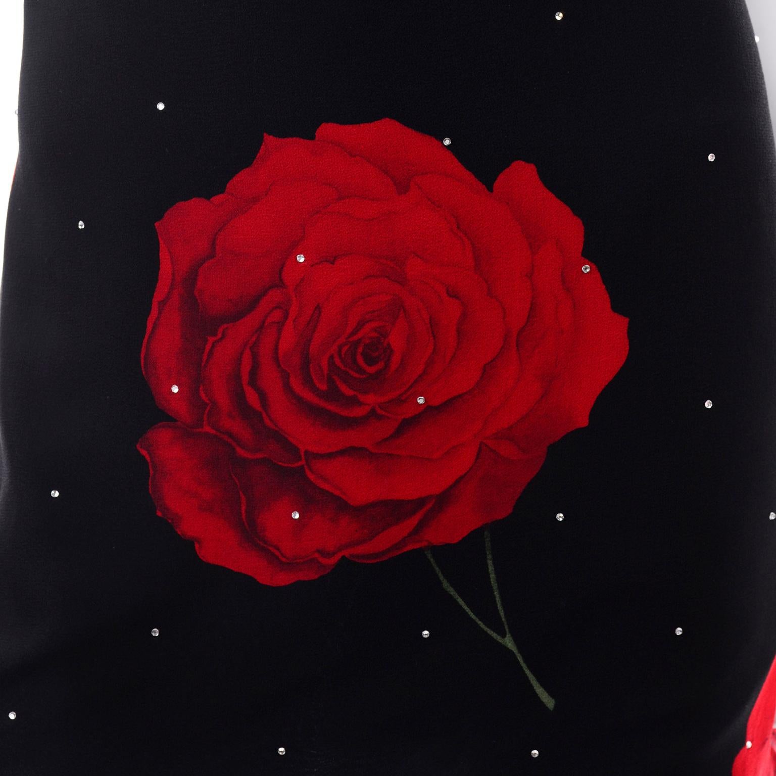 Richilene Vintage Black Silk Dress W/ Red Roses & Rhinestones In Excellent Condition In Portland, OR