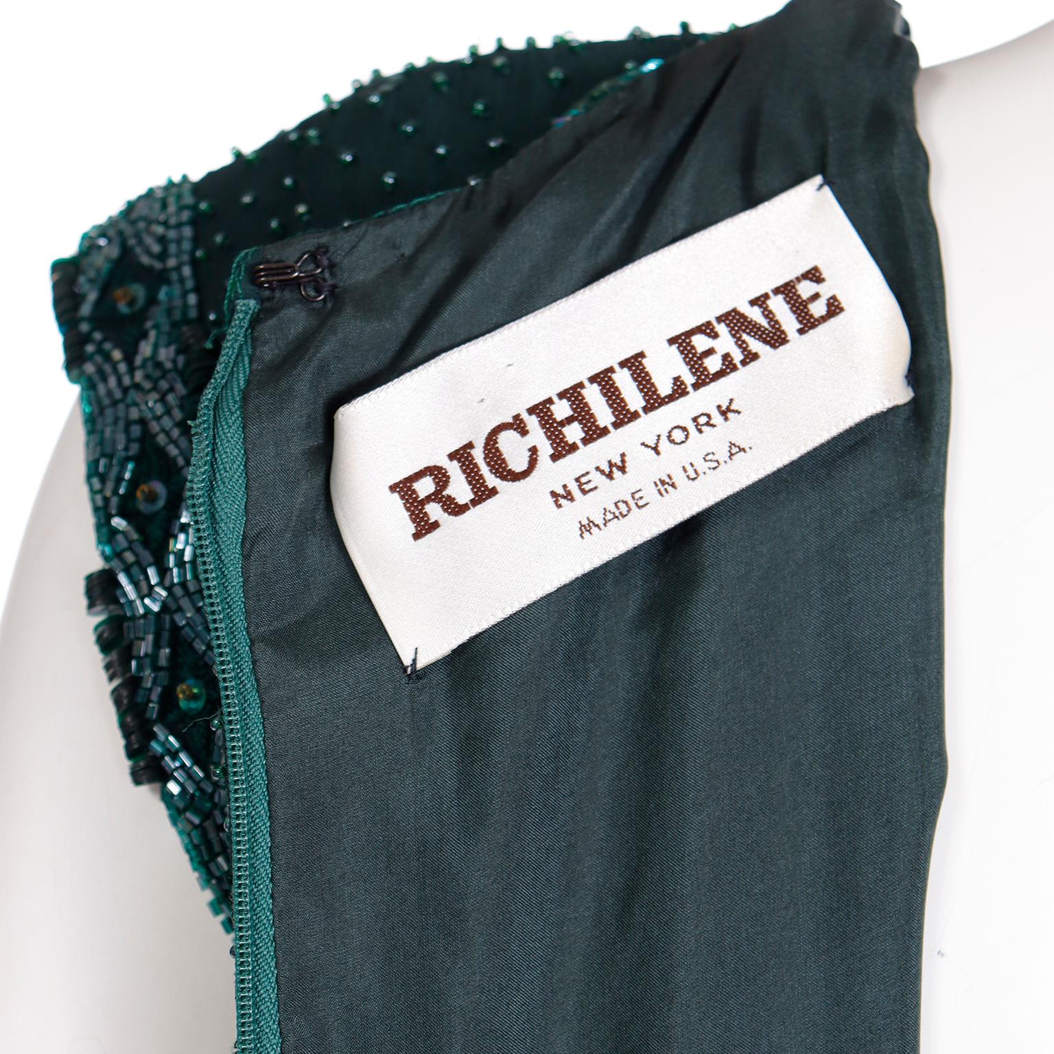 Richilene Vintage Dress Beaded Green Evening Gown w Silk Beaded Shawl Wrap For Sale 9