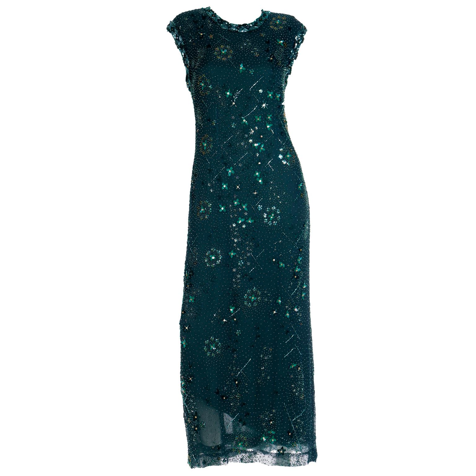 Richilene Vintage Dress Beaded Green Evening Gown w Silk Beaded Shawl Wrap For Sale 9