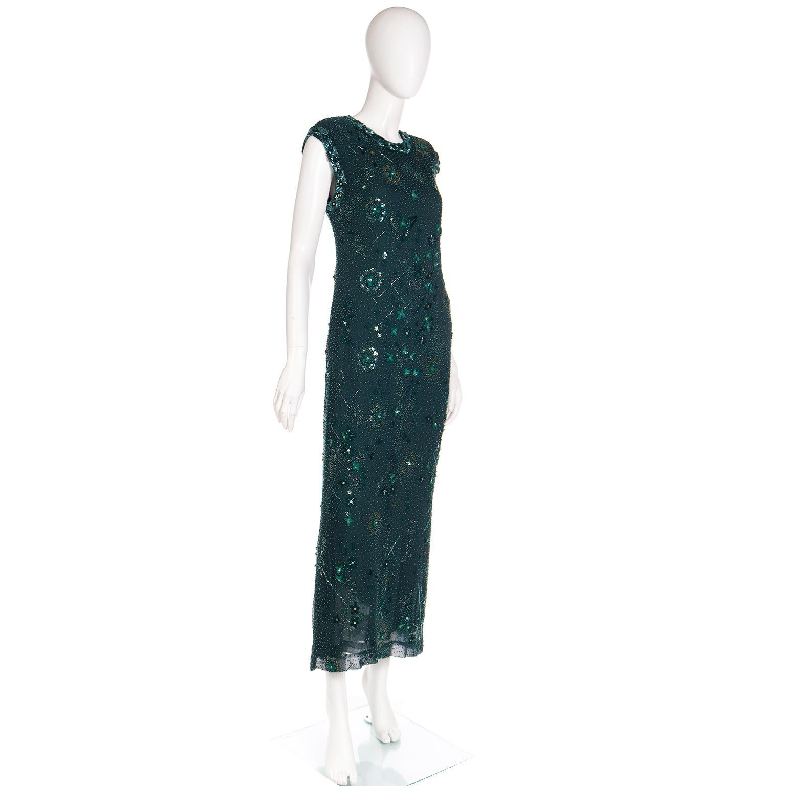 Richilene Vintage Dress Beaded Green Evening Gown w Silk Beaded Shawl Wrap In Excellent Condition For Sale In Portland, OR