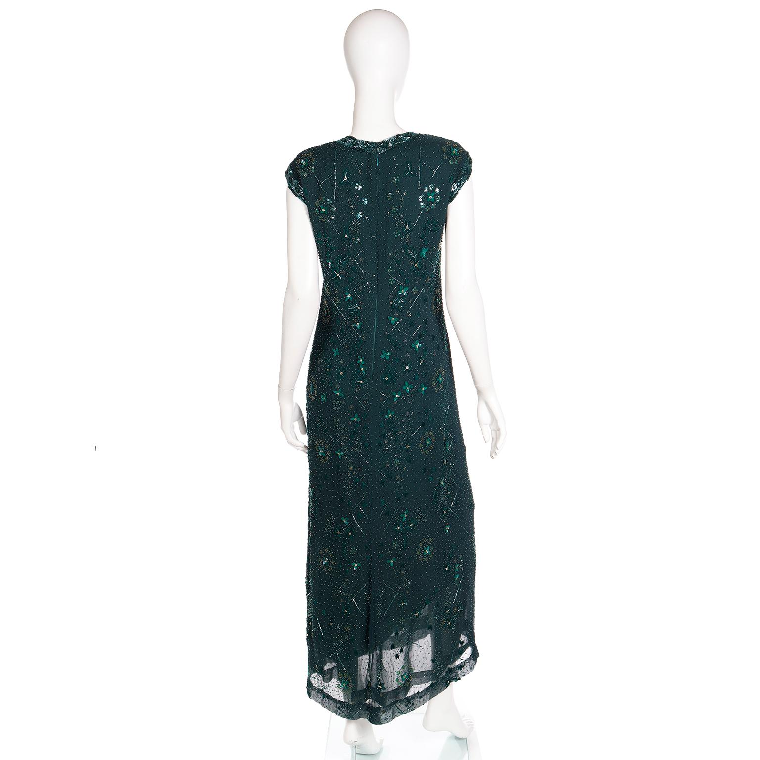 Women's Richilene Vintage Dress Beaded Green Evening Gown w Silk Beaded Shawl Wrap For Sale