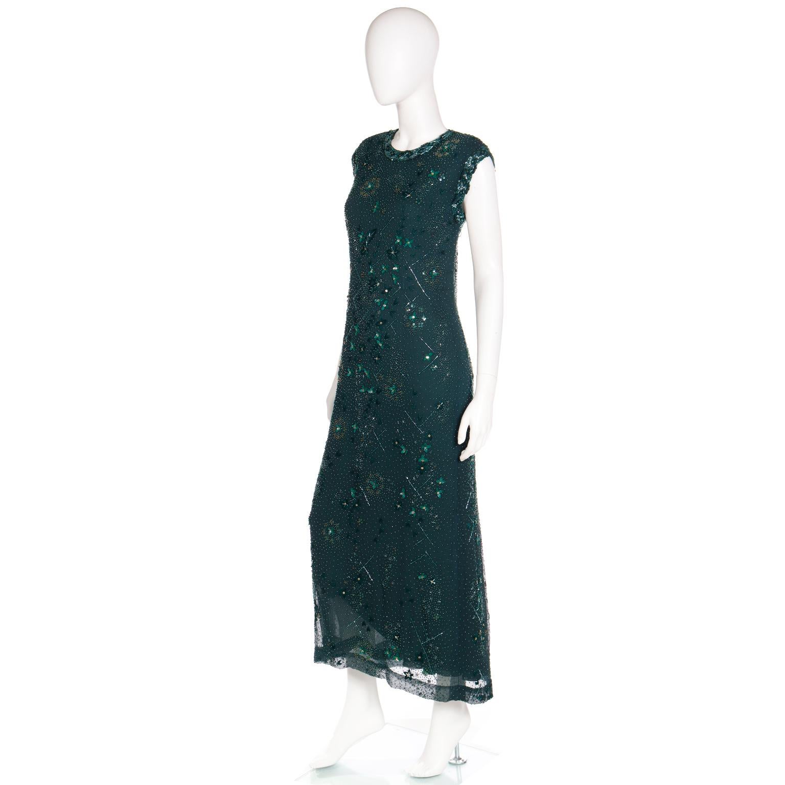 Richilene Vintage Dress Beaded Green Evening Gown w Silk Beaded Shawl Wrap For Sale 1