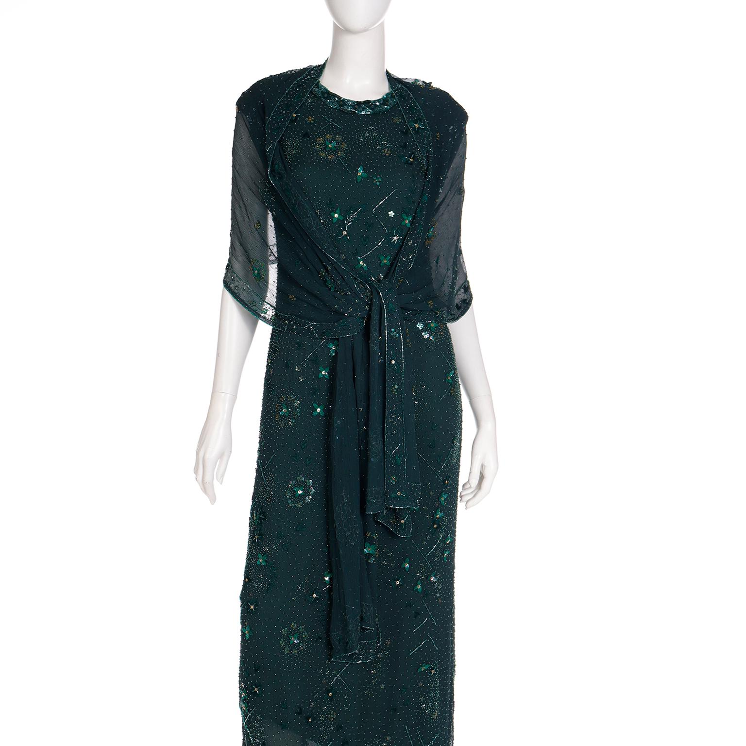 Richilene Vintage Dress Beaded Green Evening Gown w Silk Beaded Shawl Wrap For Sale 2