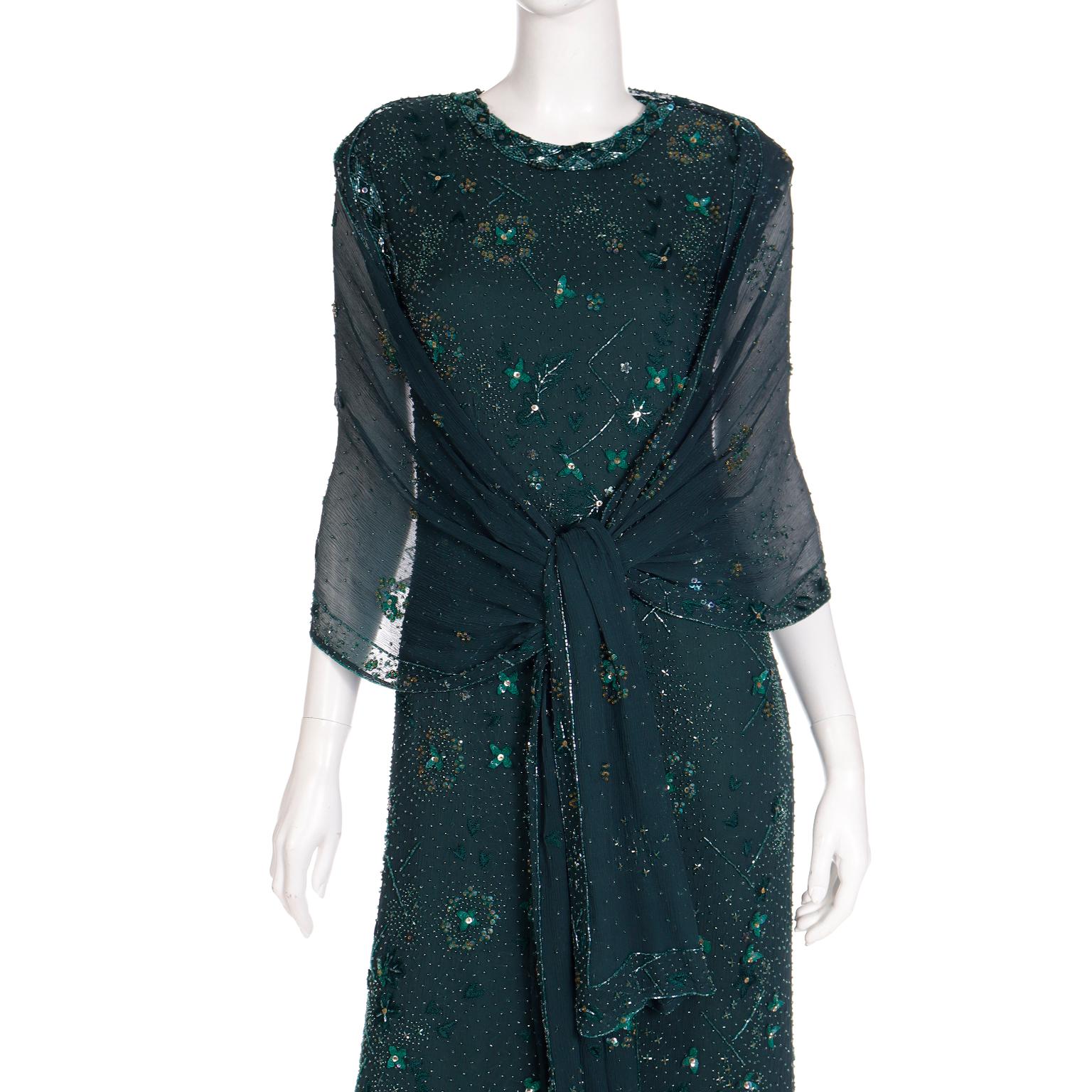 Richilene Vintage Dress Beaded Green Evening Gown w Silk Beaded Shawl Wrap For Sale 3