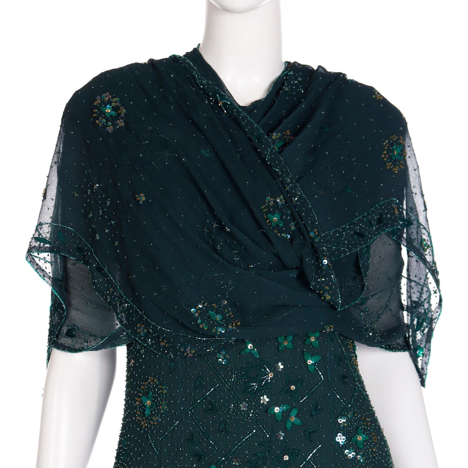 Richilene Vintage Dress Beaded Green Evening Gown w Silk Beaded Shawl Wrap For Sale 4