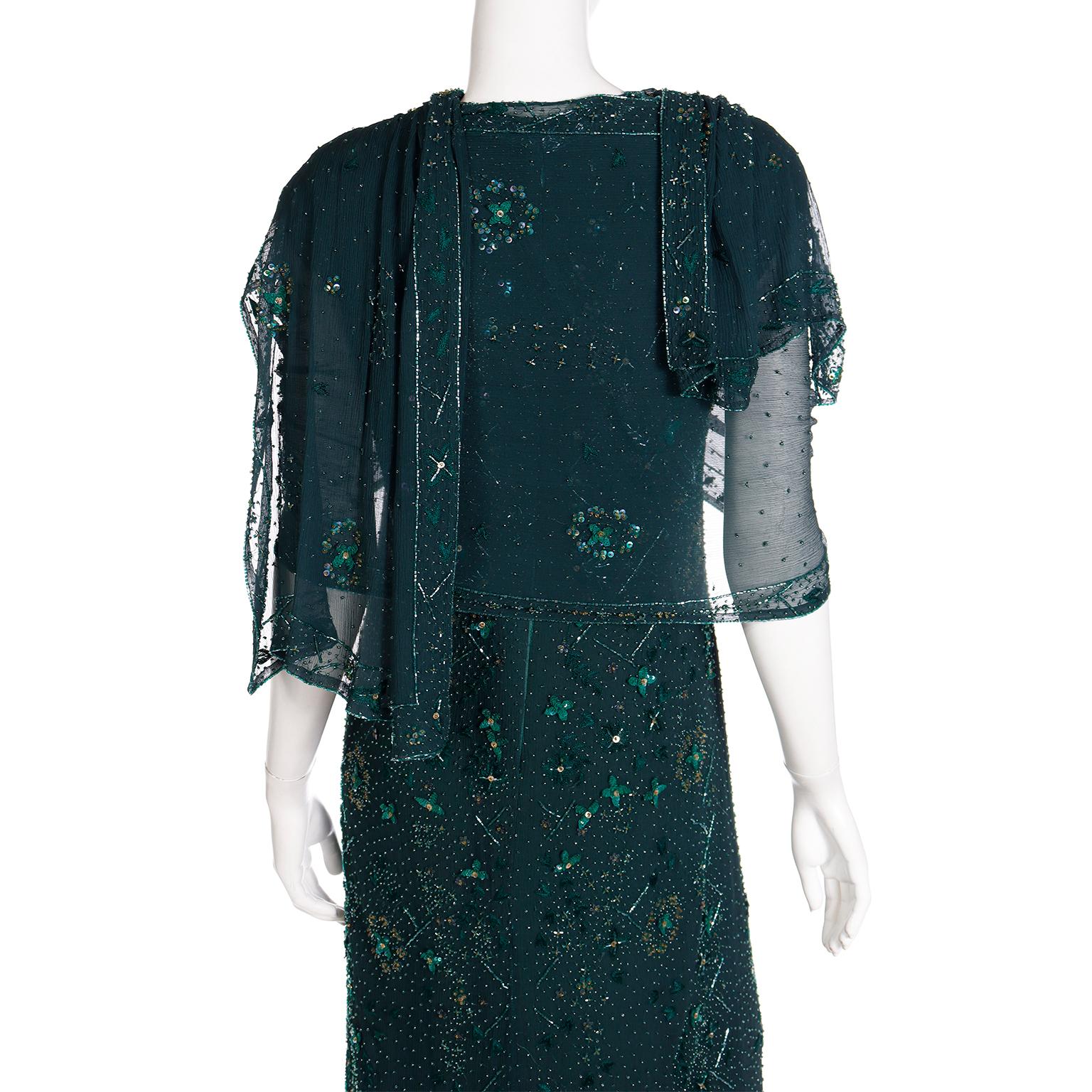 Richilene Vintage Dress Beaded Green Evening Gown w Silk Beaded Shawl Wrap For Sale 5